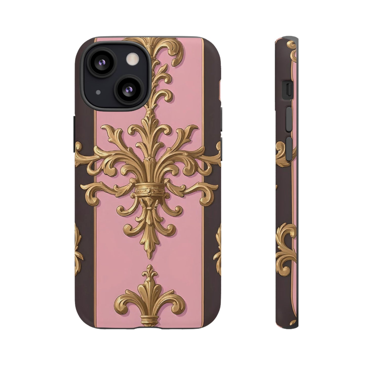 Elegant Floral Motif Phone Case - Tough Cases with Vintage Design - Pink & Brown Striped Gold Damask