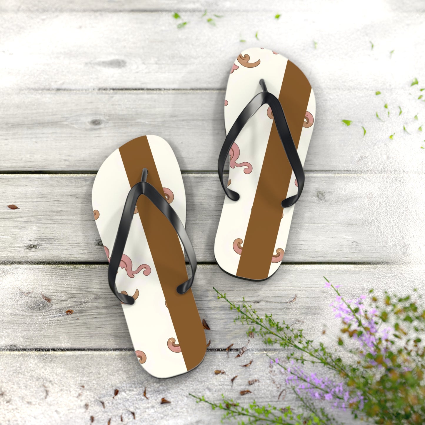 Stylish Flip Flops - Summer Footwear, Beach Ready, Vacation Essentials, Casual Sandals, Gift for Her - Brown Striped Pink Arabesque