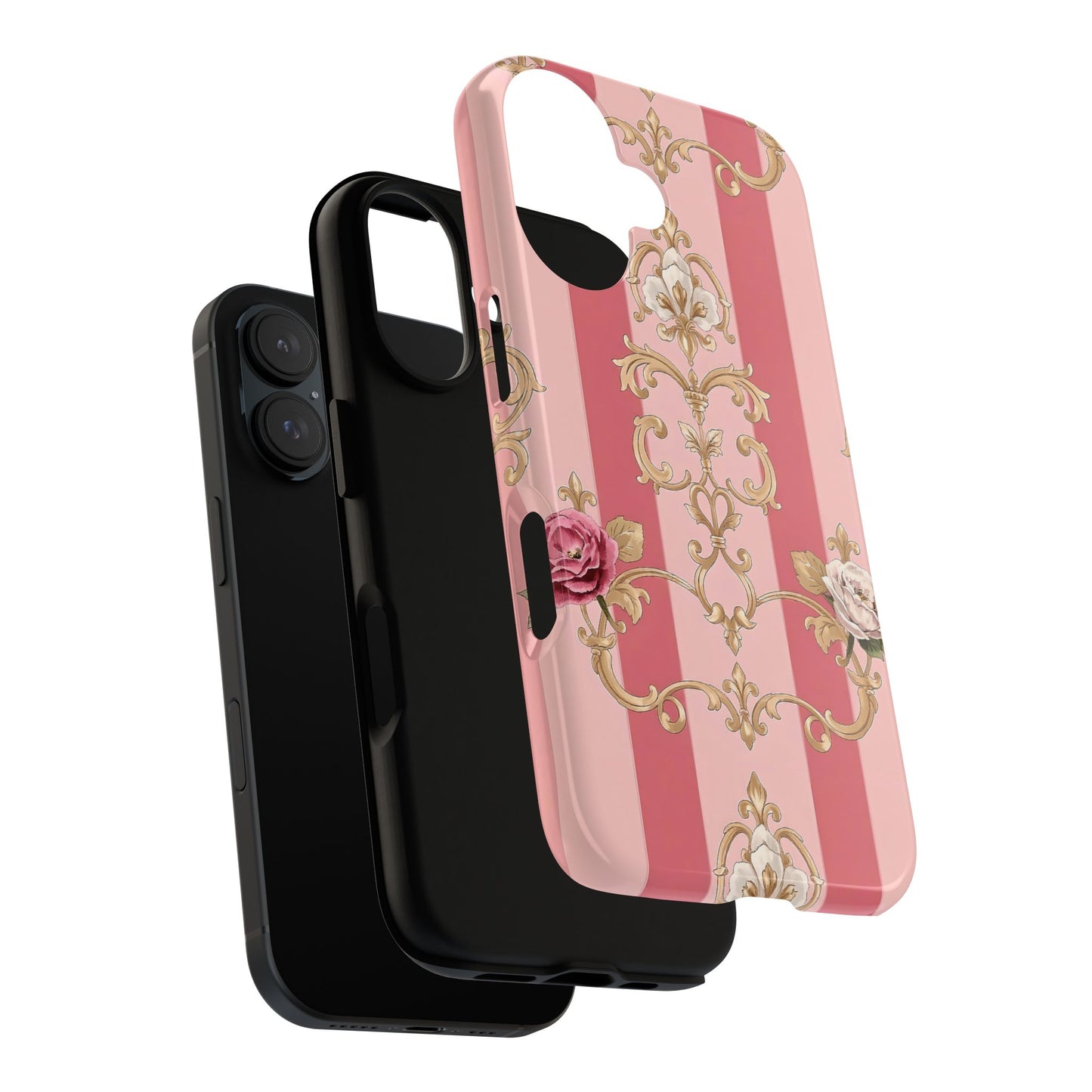 Elegant Floral Motif Phone Case - Tough Cases with Vintage Design - Pink Striped Roses & Damask