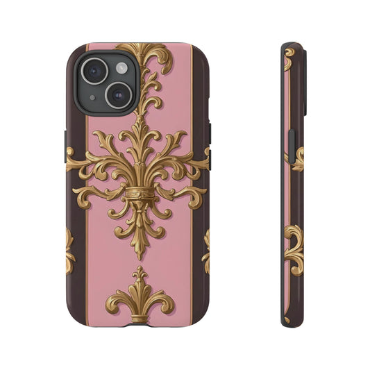 Elegant Floral Motif Phone Case - Tough Cases with Vintage Design - Pink & Brown Striped Gold Damask