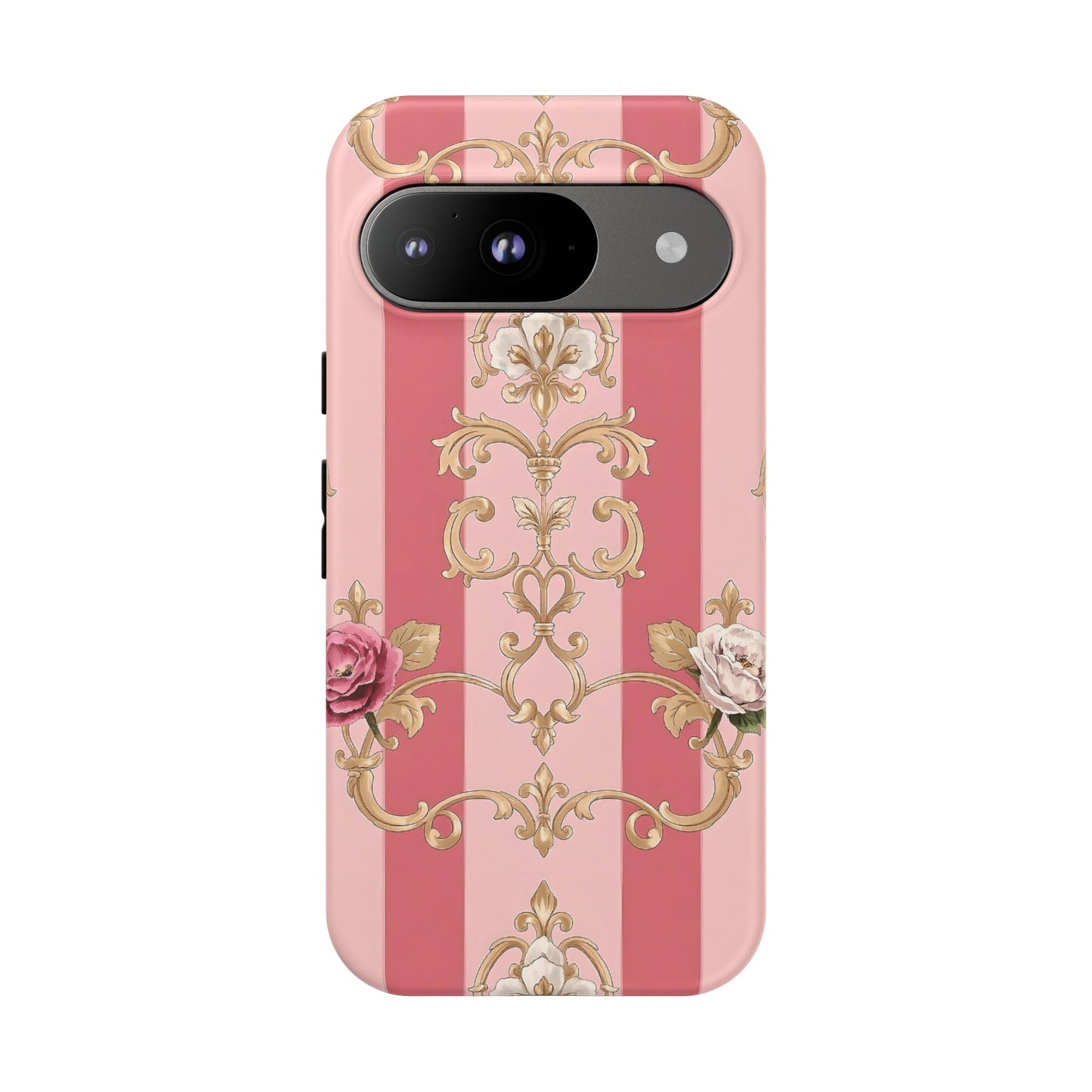 Elegant Floral Motif Phone Case - Tough Cases with Vintage Design - Pink Striped Roses & Damask