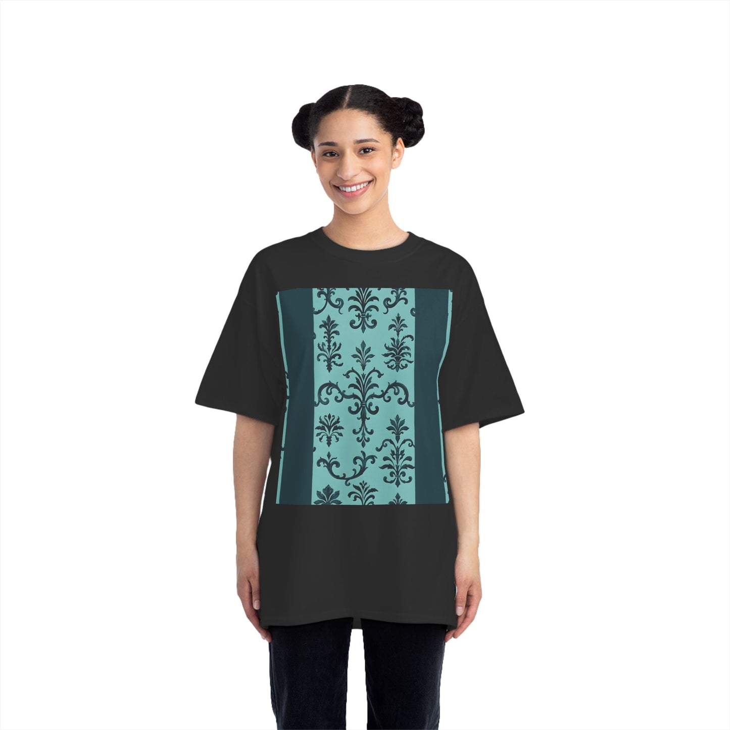 Elegant Floral T-Shirt - Vintage Design, Casual Wear, Gift for Her, Summer Fashion, Stylish Tee - Teal Striped Rococo