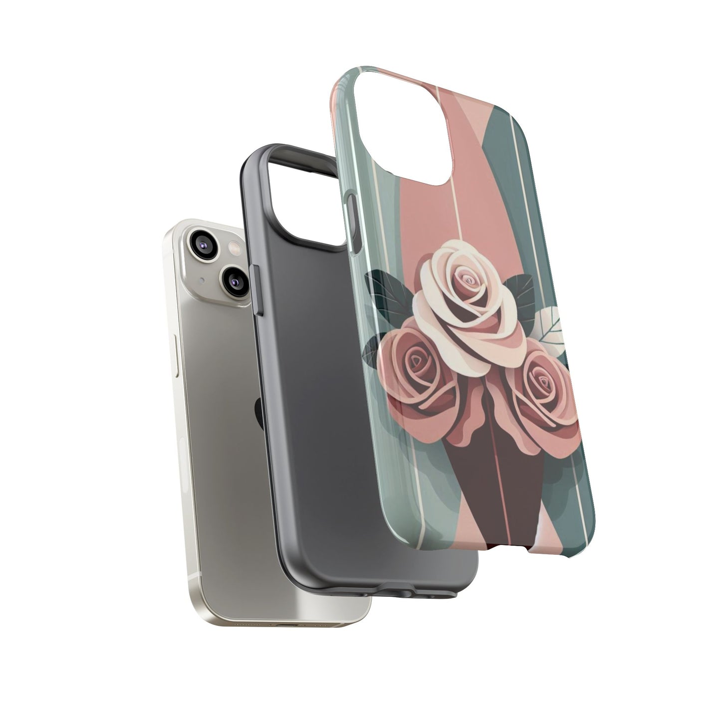 Phone Case - Burgundy, Matte Mauve & Teal Surfboard & Roses Design