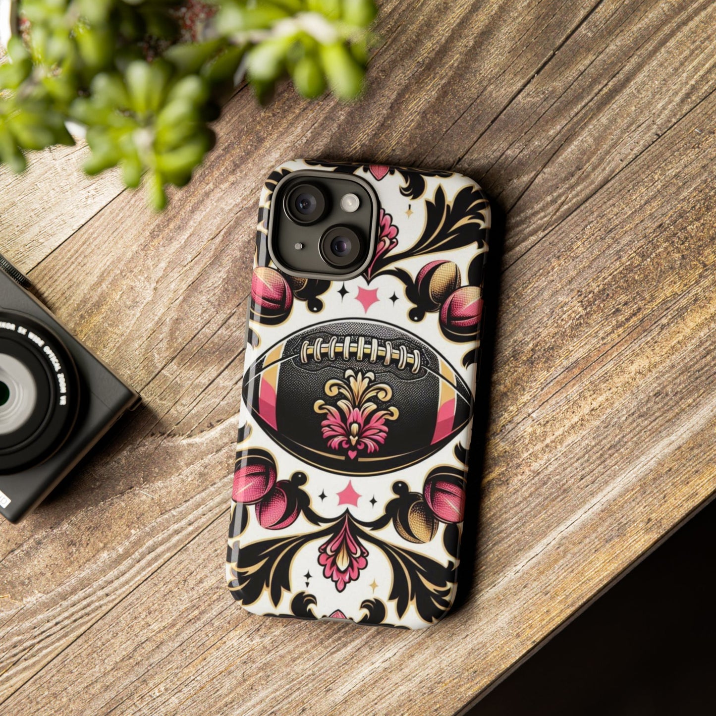 Elegant Floral Motif Phone Case - Tough Cases with Vintage Design - Damask White, Pink Gold & Black Football