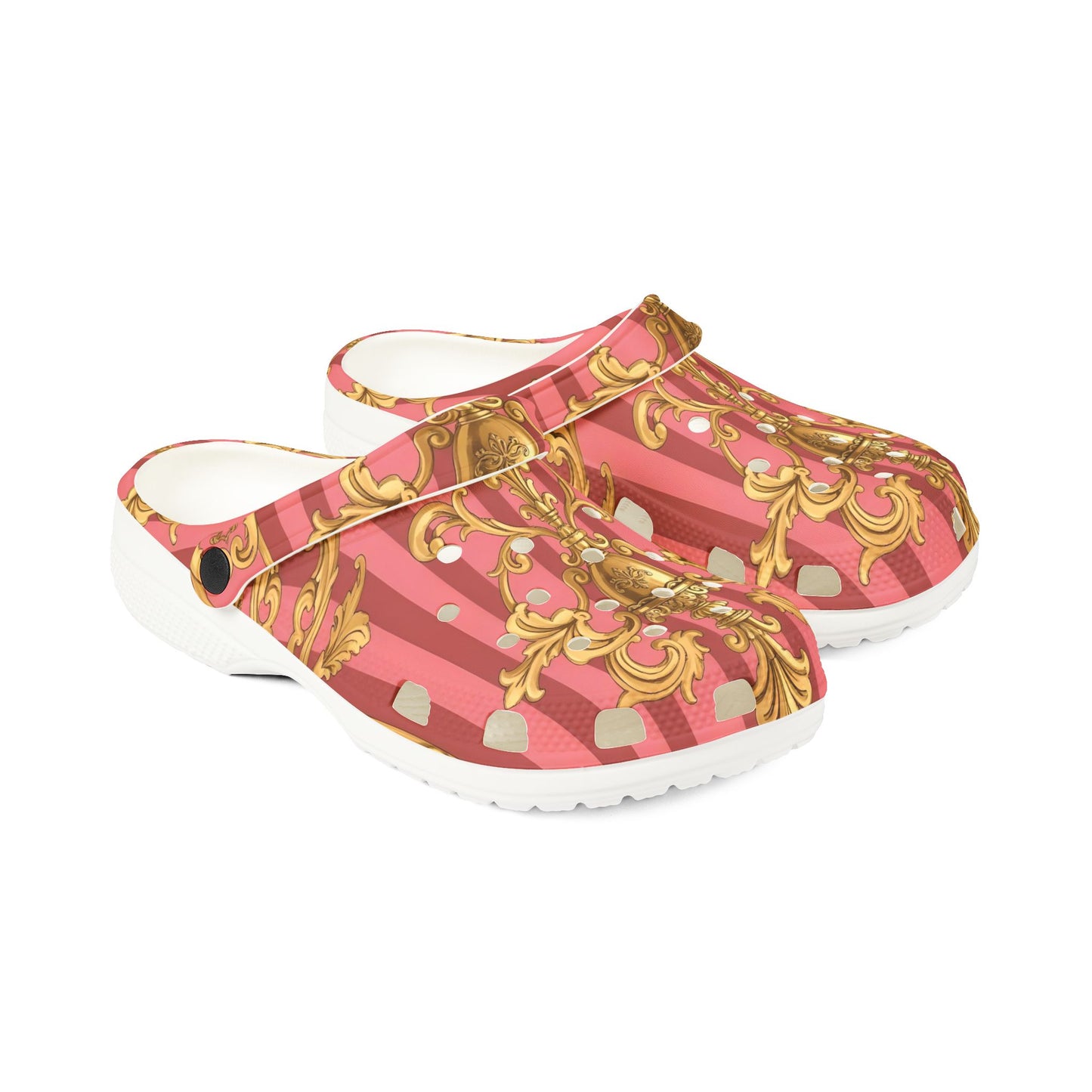Elegant Baroque-Style EVA Foam Clogs, Trendy Slip-On Shoes, Comfortable Fashion Footwear - Pink Striped Gold Baroque