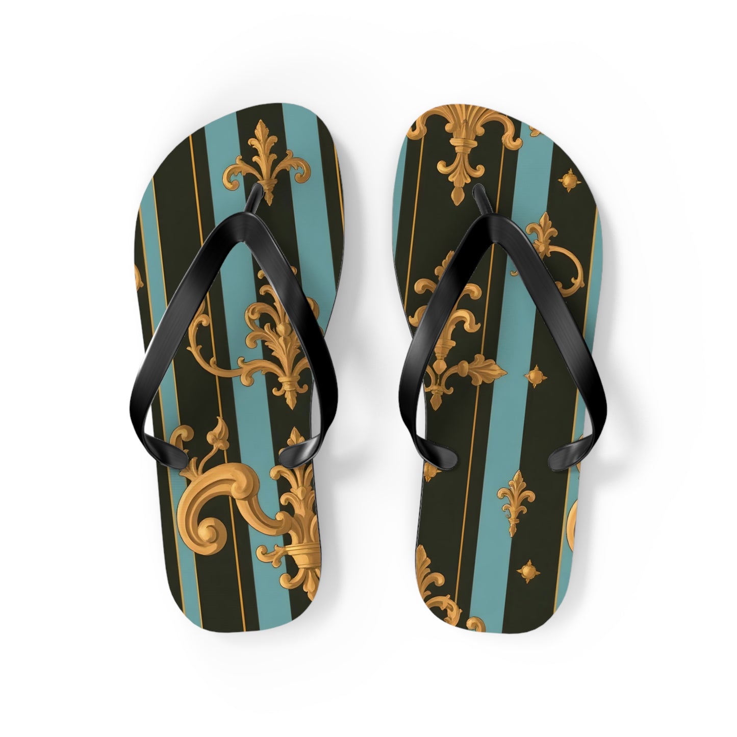 Elegant Striped Flip Flops, Stylish Beach Sandals, Summer Footwear, Vacation Essentials - Black & Turquoise Striped Baroque