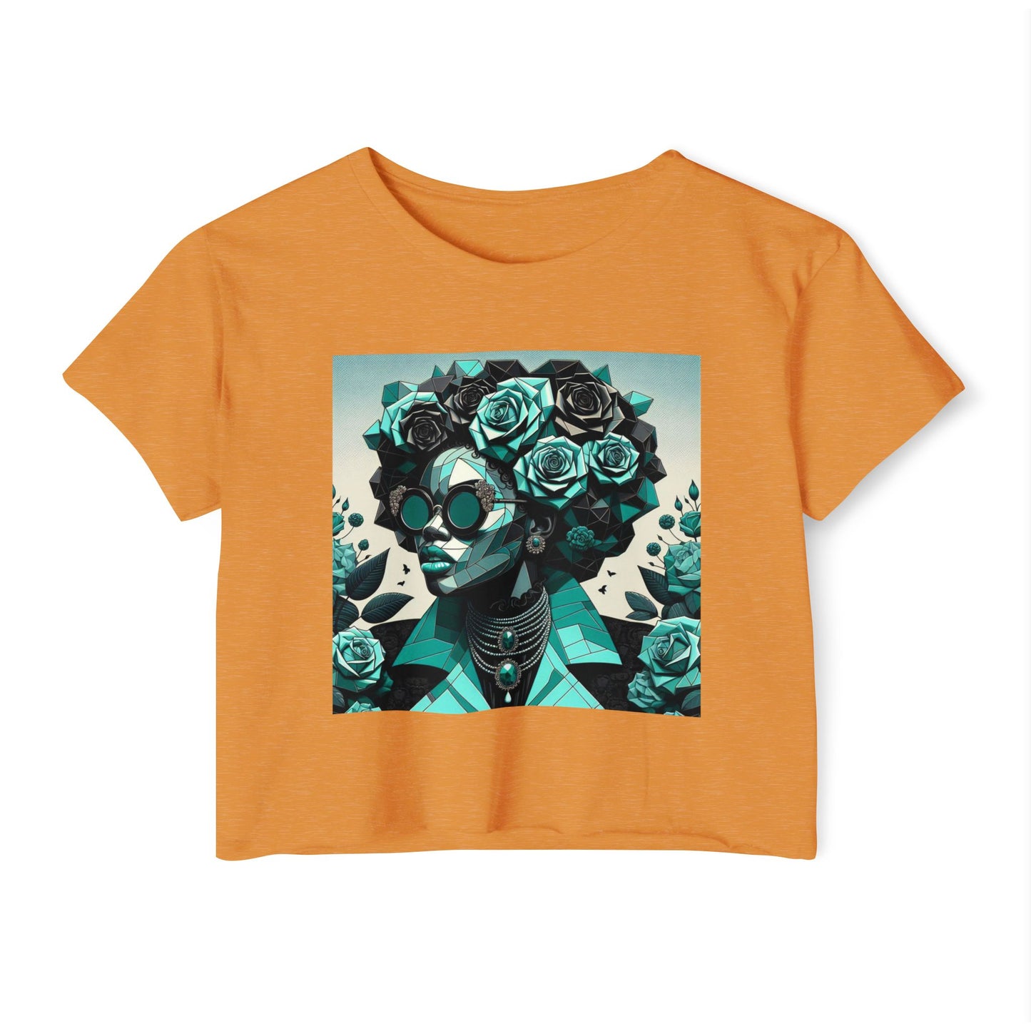 Women's Festival Crop Top with Artistic Floral Design, Boho Clothing, Trendy Summer Style, Perfect for Music Festivals - Turquoise & Black Roses Lady
