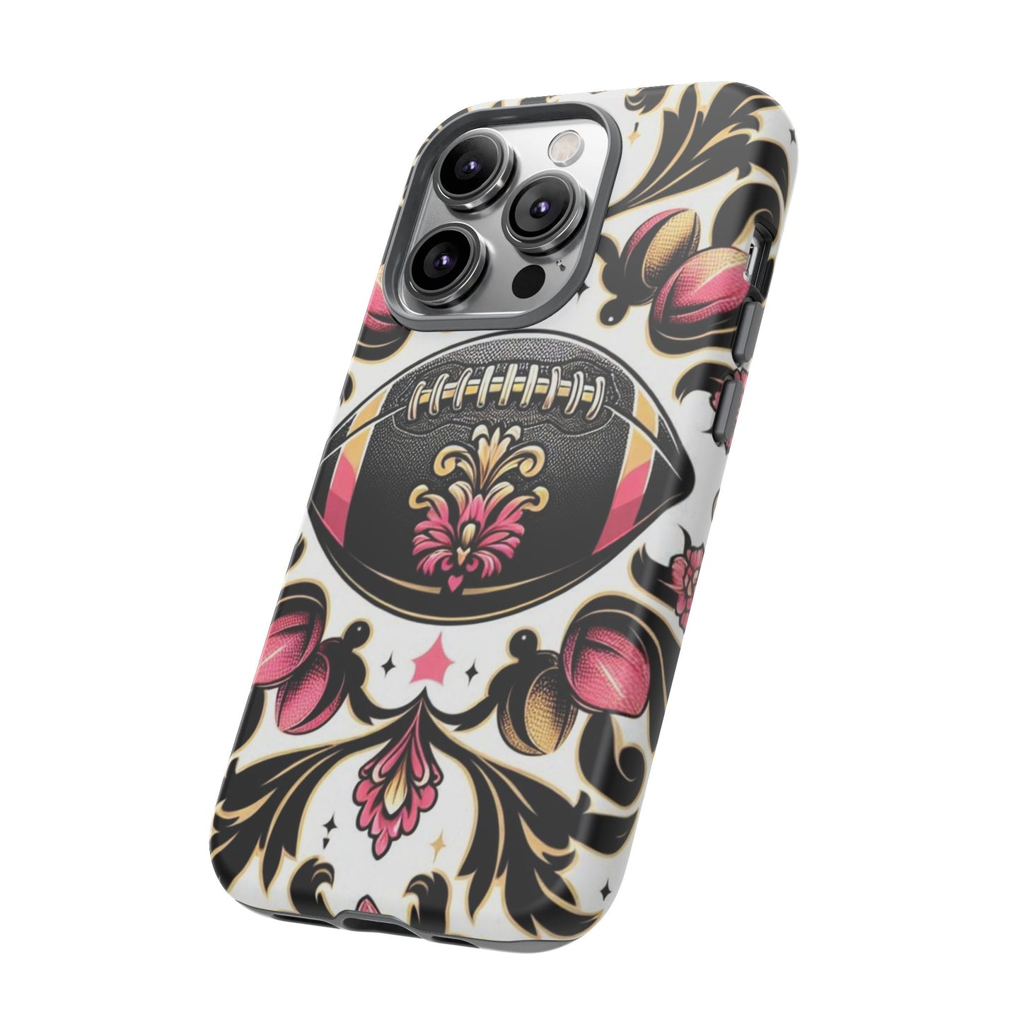 Elegant Floral Motif Phone Case - Tough Cases with Vintage Design - Damask White, Pink Gold & Black Football