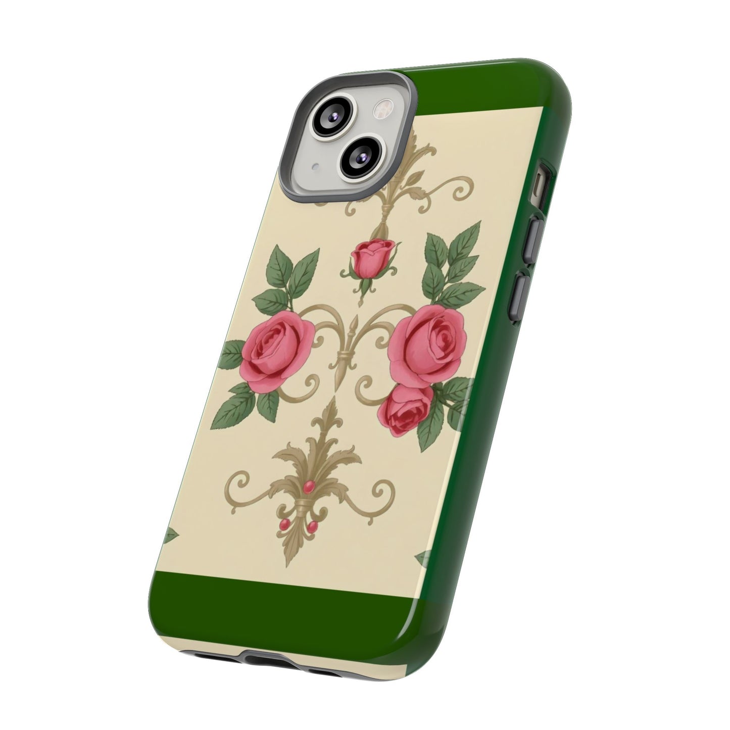 Elegant Floral Motif Phone Case - Tough Cases with Vintage Design - Green Border Roses & Damask