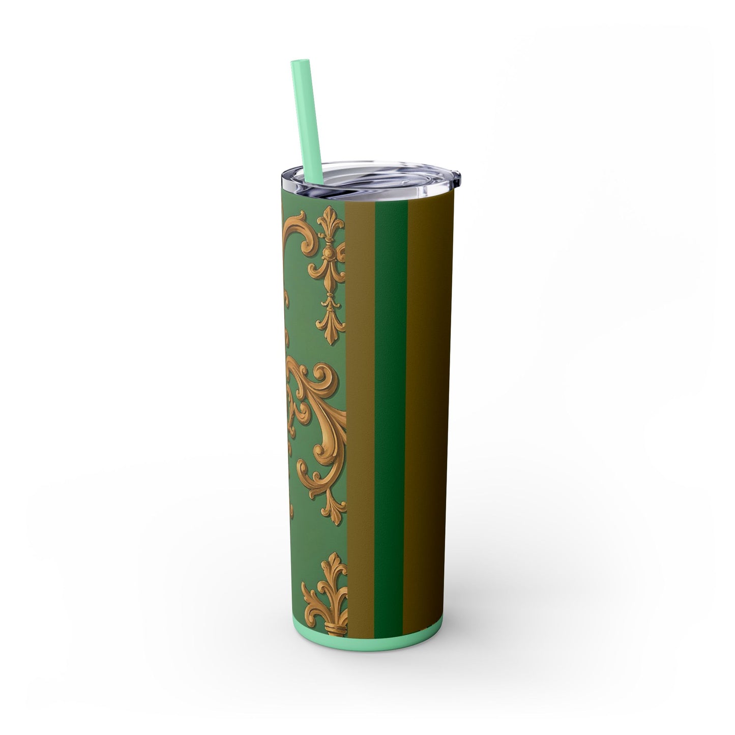 Elegant Green Pattern Skinny Tumbler with Straw, Stylish Drinkware, Gift for Her, Travel Mug, Home Decor, Floral Design - Olive Green Striped Rococo