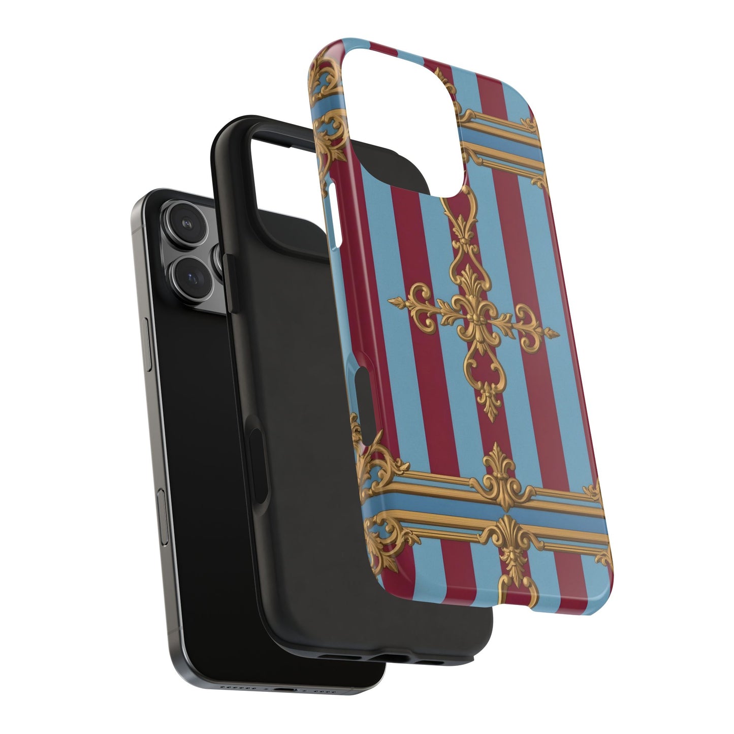 Elegant Patterned Tough Phone Cases, Stylish Phone Cover, Durable Phone Protection, Unique Gift Idea - Sky Blue & Maroon Striped Baroque