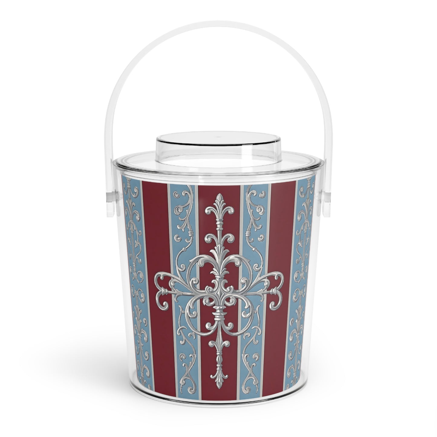 Elegant Vintage Ice Bucket with Tongs - Perfect for Parties and Celebrations - Ice Blue & Burgundy Striped Baroque