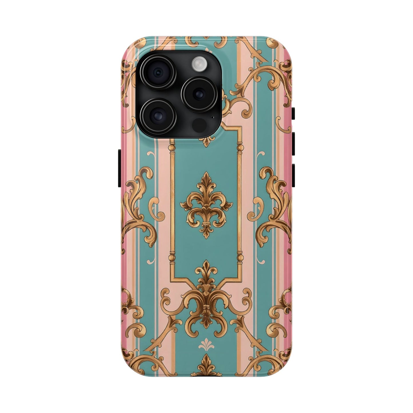 Elegant Floral Tough Phone Case, Artistic Phone Cover, Gift for Her, Chic Phone Accessory - Pink & Matte Turquoise Striped Rococo