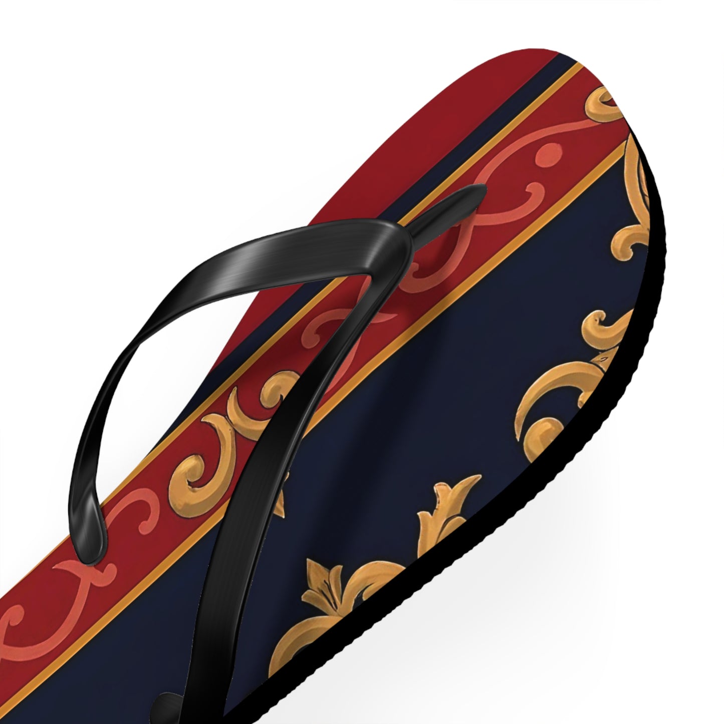 Elegant Vintage Flip Flops, Stylish Summer Footwear, Beachwear Accessories, Vacation Essentials - Midnight Blue & Dusk Red Gold Baroque