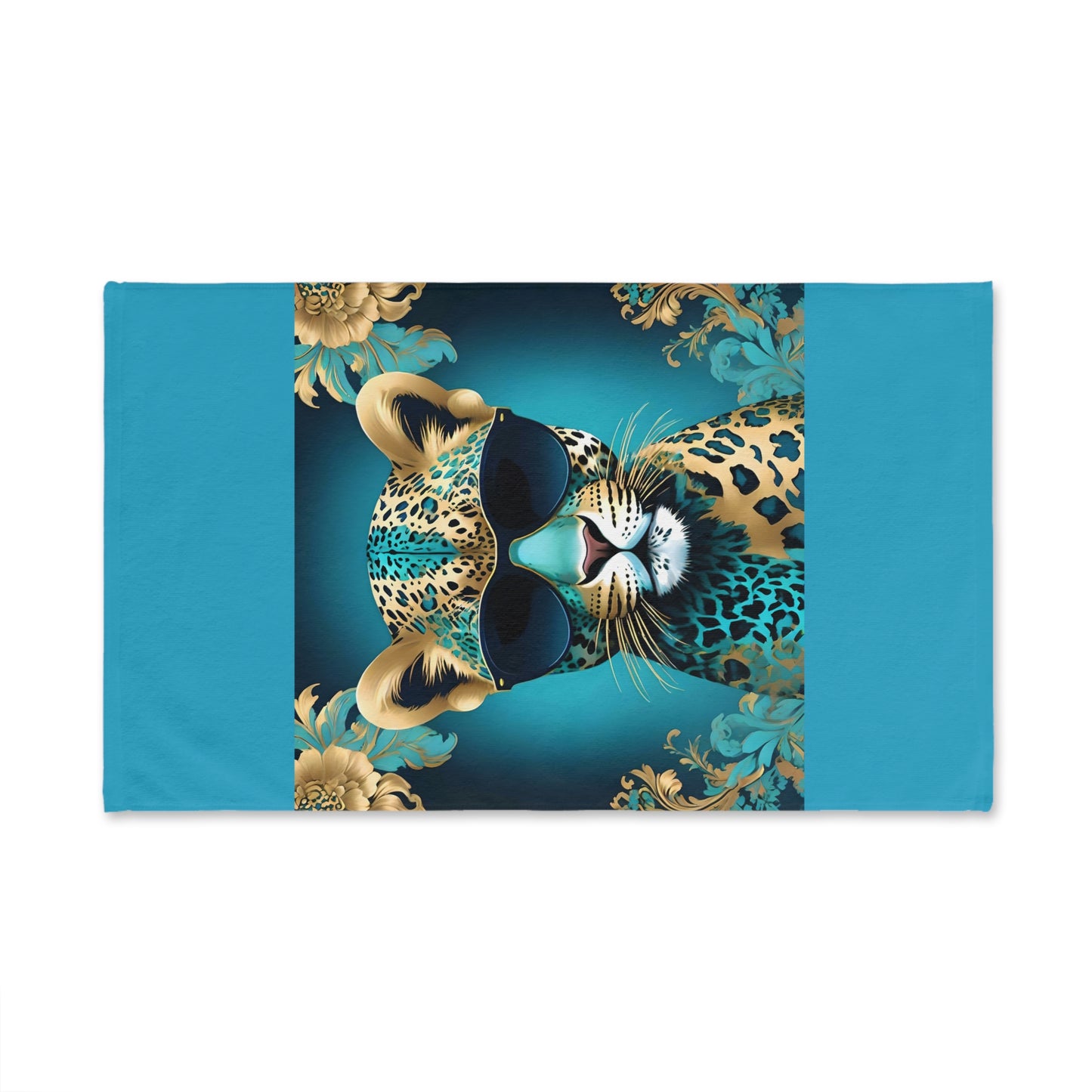 Hand Towel - Luxurious Ornate Elegant Aqua & Gold Leopard In Sunglasses Design - Elegant Home Décor