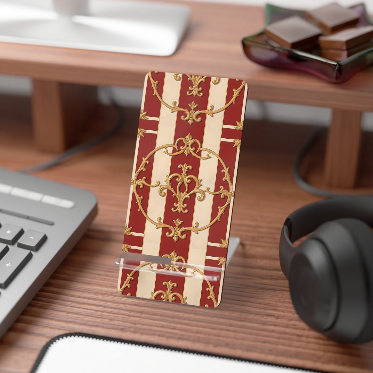 Elegant Decorative Smartphone Stand - Stylish Display with Gold Accents - Alabaster & Dusk Orange Striped Baroque