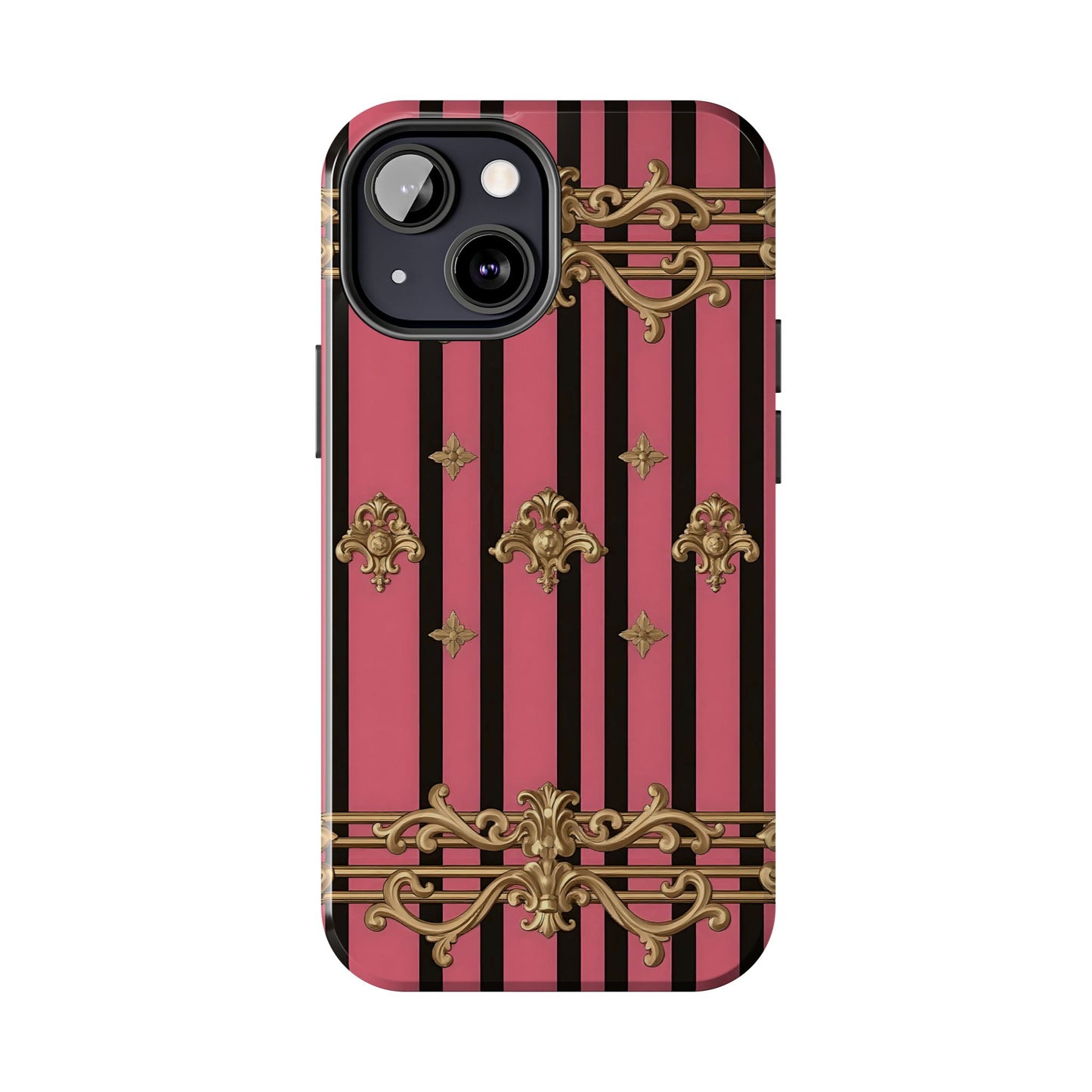 Elegant Floral Phone Cases, Stylish Protective Case for Trendy Individuals, Unique Gift for Tech Lovers, Phone Accessories - Pink Striped Gold Rococo
