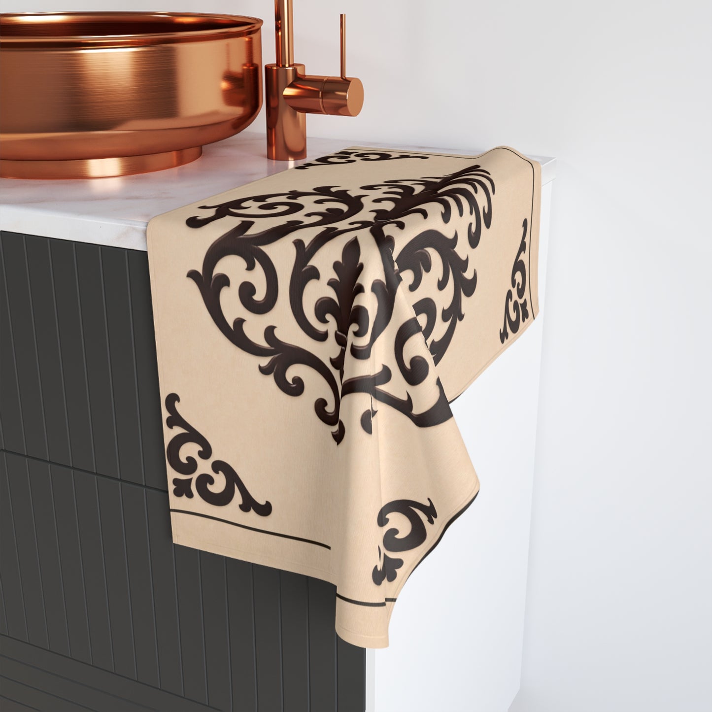 Almond-Beige & Brown Baroque Decorative Hand Towel — Elegant Baroque Kitchen & Bath Accent