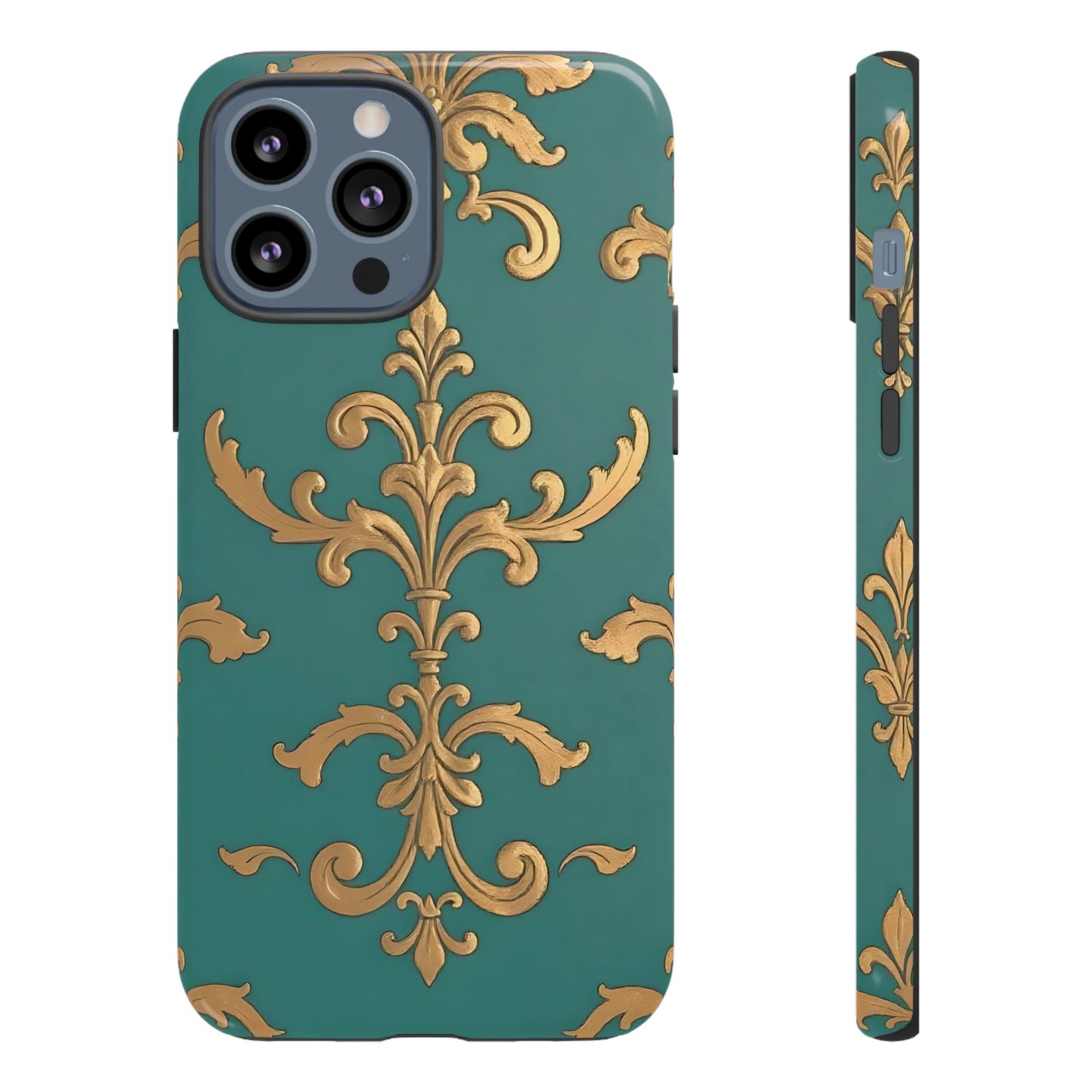Elegant Floral Motif Phone Case - Tough Cases with Vintage Design - Aqua & Gold Damask