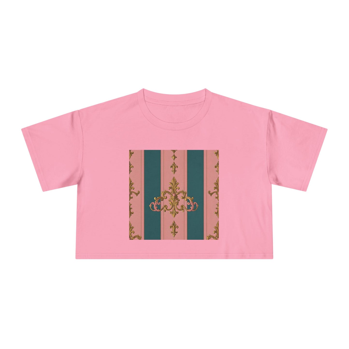 Baroque Vintage Women's Crop Tee, Casual Top, Summer Fashion, Trendy Shirt, Graphic T-Shirt, Gift for Her - Pink & Teal Striped Gold Baroque