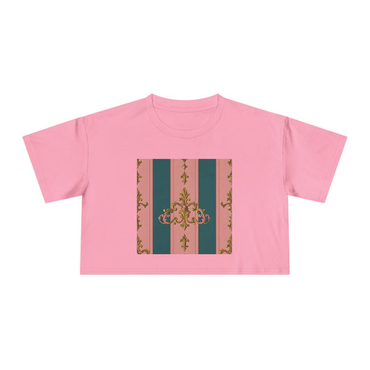 Baroque Vintage Women's Crop Tee, Casual Top, Summer Fashion, Trendy Shirt, Graphic T-Shirt, Gift for Her - Pink & Teal Striped Gold Baroque
