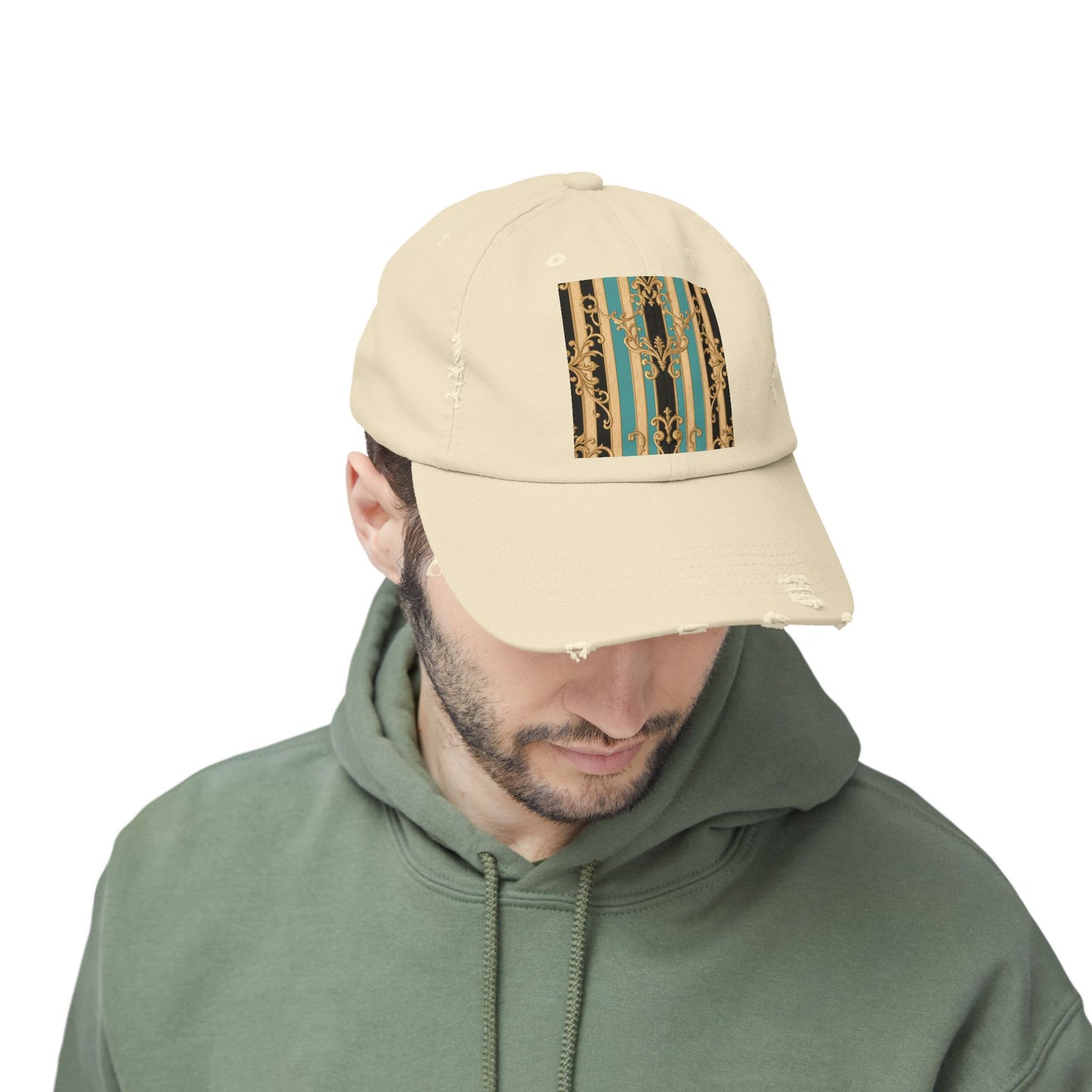 Distressed Black, Tan & Ocean Green Striped Gold Baroque Cap with Elegant Stripe Design | Vintage-Inspired Accessories, Unisex Casual Hat