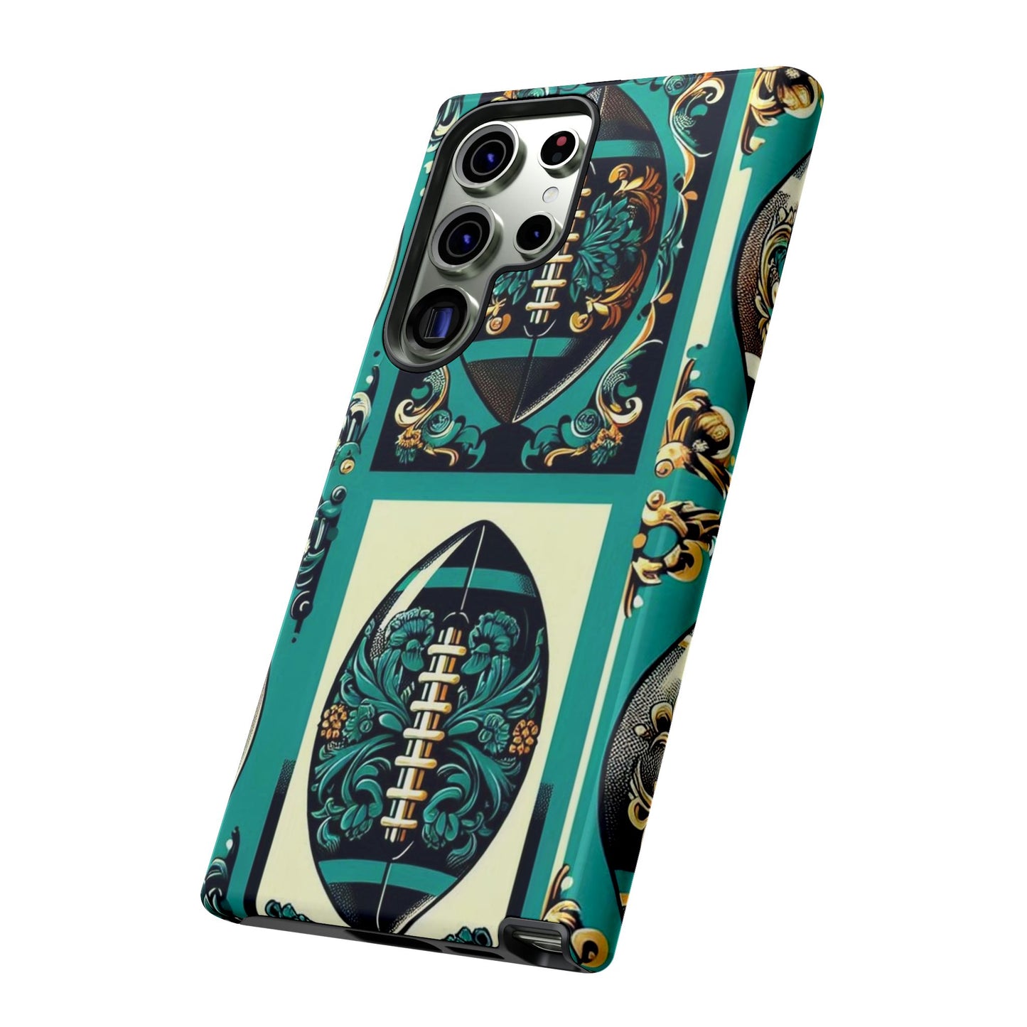 Elegant Floral Motif Phone Case - Tough Cases with Vintage Design -  Damask Teal, Gold & Black Footballs