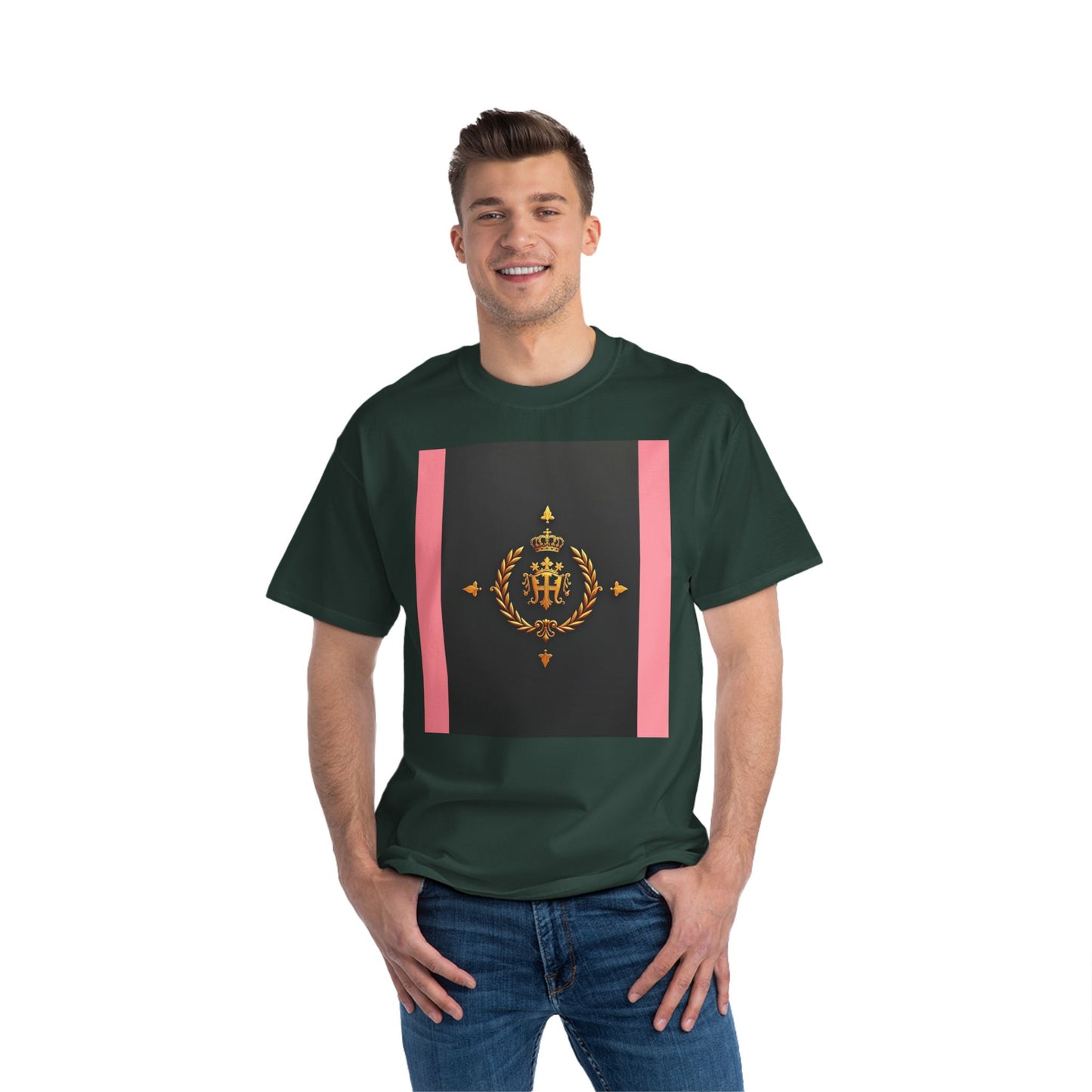 Short-Sleeve Graphic T-Shirt, Stylish Casual Wear, Trendy Gift for Friends, Summer Fashion, Statement Tee, Everyday Comfort - Pink Striped Gold Crest