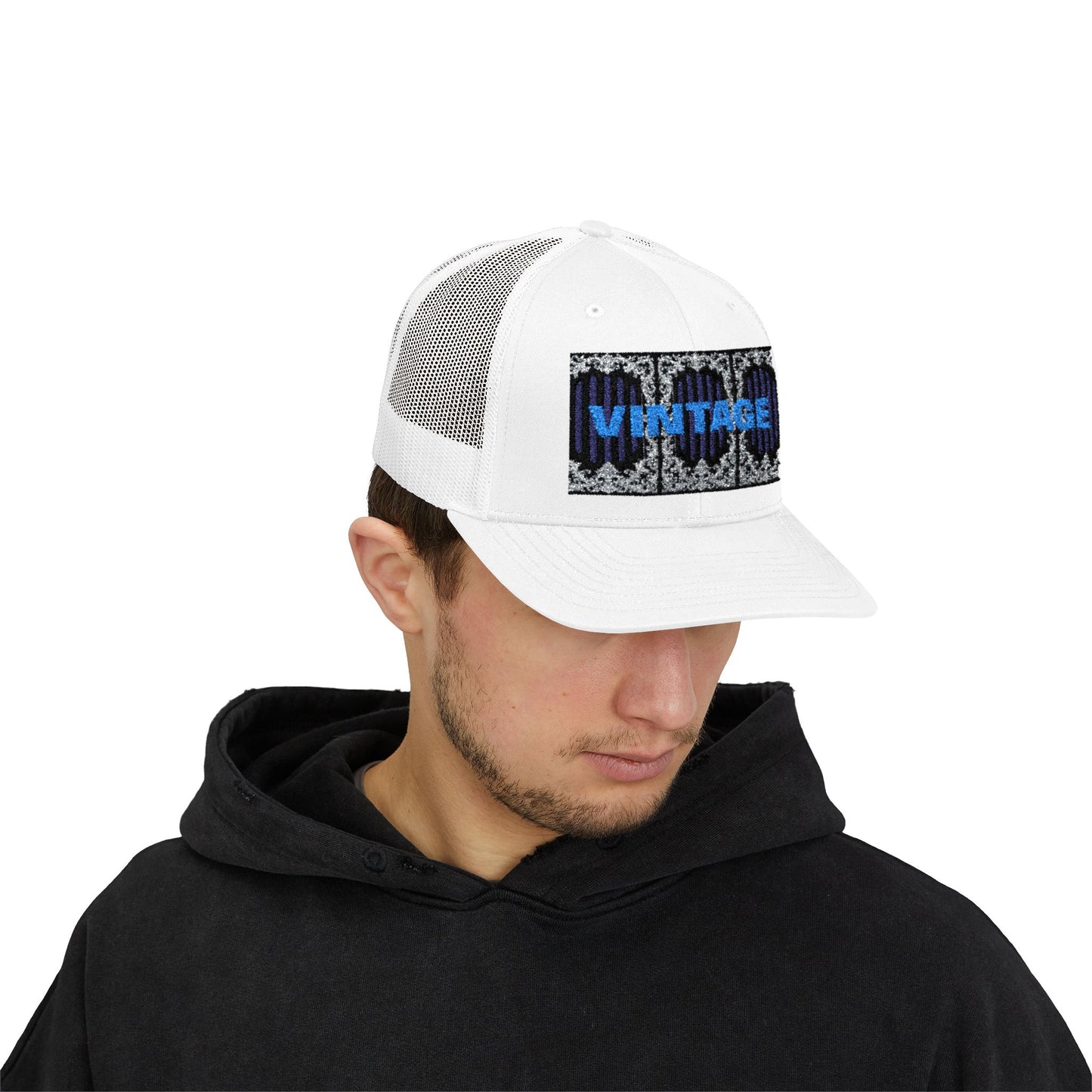 Vintage Navy Stripes & Baroque Trucker Cap — Retro 'VINTAGE' Embroidered Snapback
