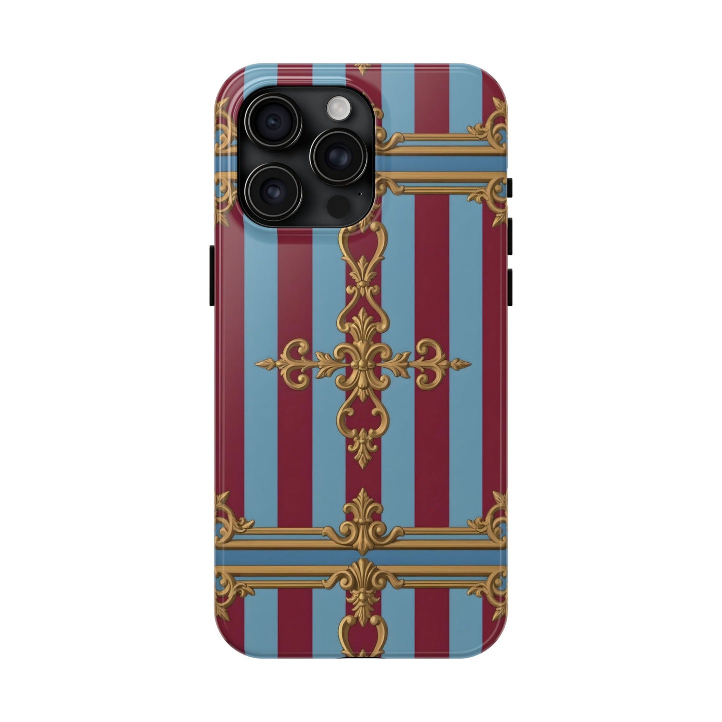 Elegant Patterned Tough Phone Cases, Stylish Phone Cover, Durable Phone Protection, Unique Gift Idea - Sky Blue & Maroon Striped Baroque