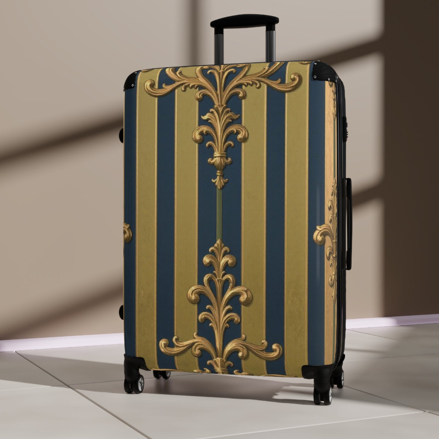 Elegant Midnight Blue & Olive Striped Gold Baroque Travel Suitcase, Chic Luggage for Stylish Travelers, Fashionable Overnight Bag, Luxury Baggage