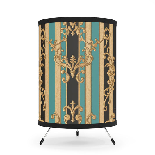 Elegant Black, Tan & Ocean Green Striped Gold Baroque Tripod Floor Lamp with High-Res Gold Striped Shade | Vintage Home Decor