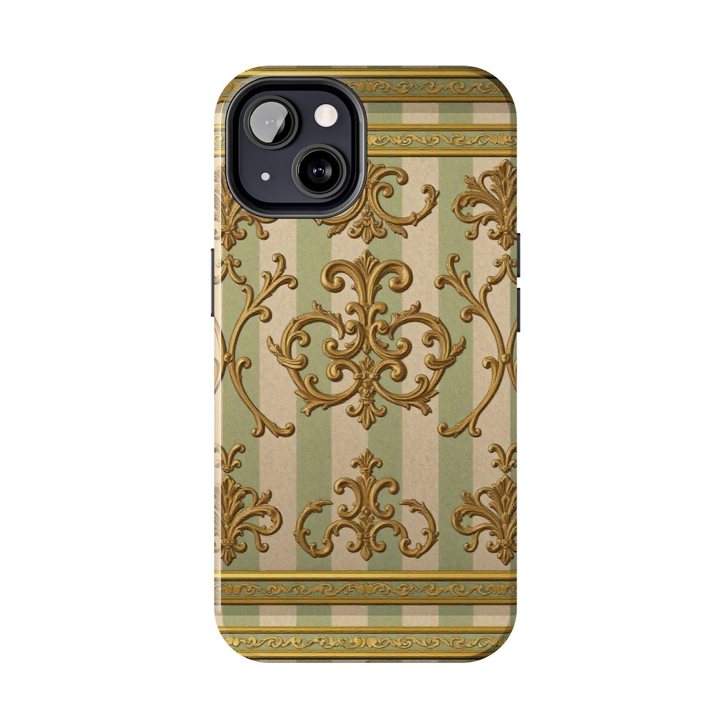 Vintage Elegance Phone Case, Tough Phone Cases for Style, Gift for Birthdays, Stylish Protection - Mint Green & Beige Striped Gold Baroque