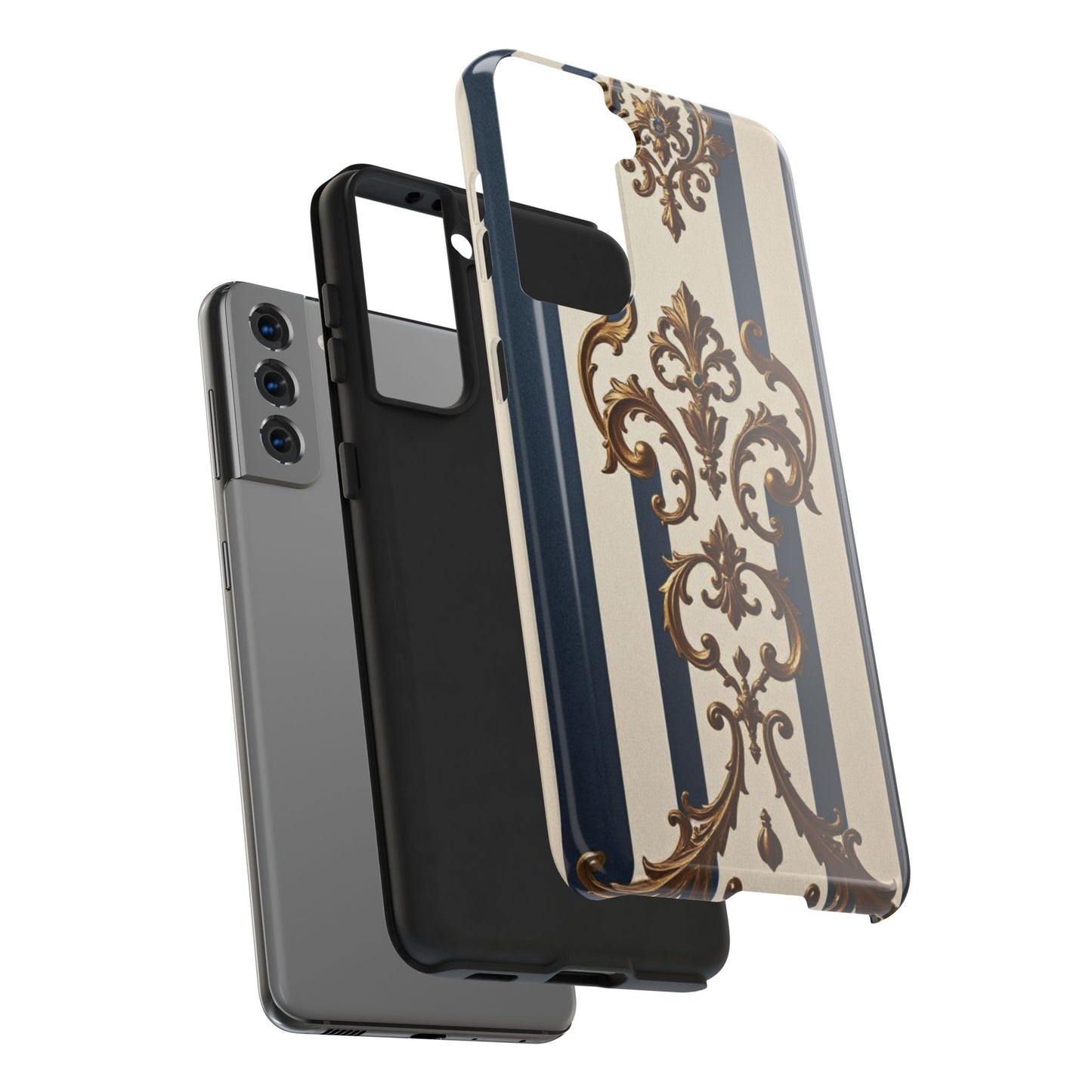 Damask Tough Phone Case - Alabaster & Blue Striped Damask