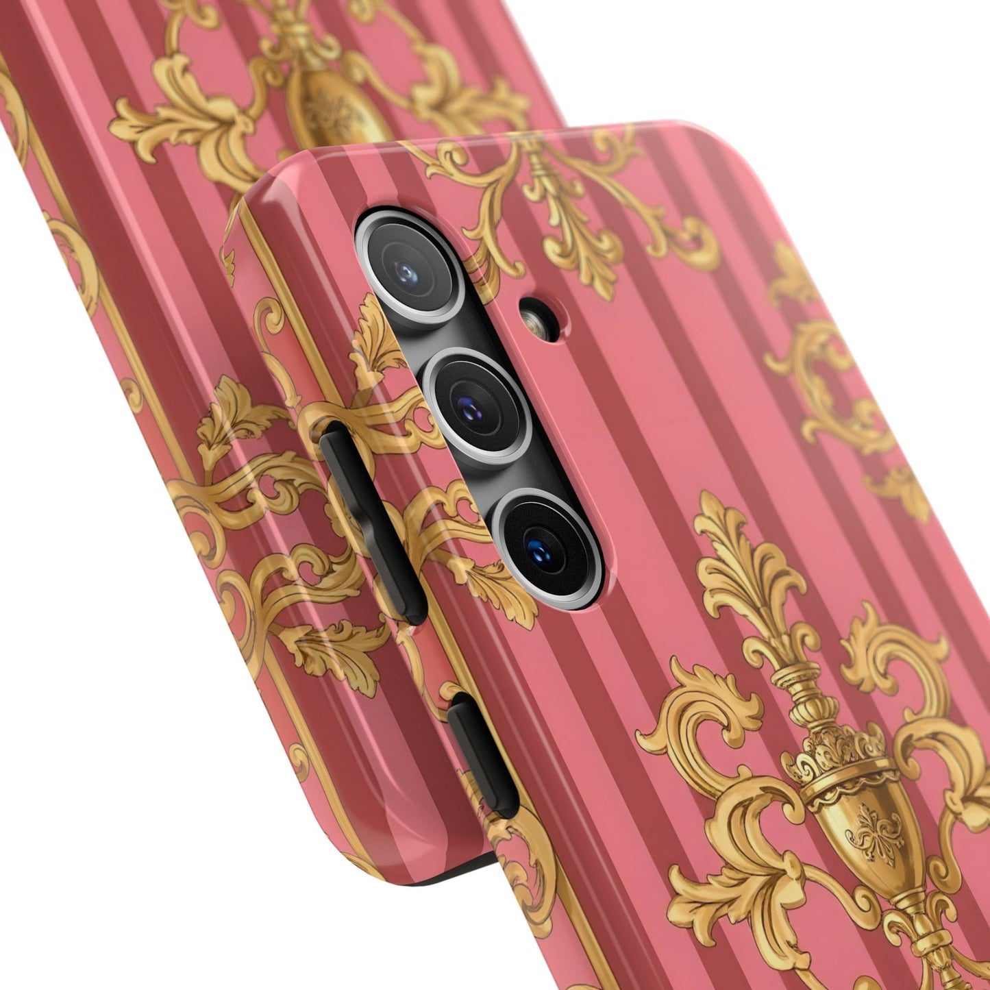 Elegant Baroque Tough Phone Cases, Durable Phone Cover, Stylish Accessory, Gift for Any Occasion - Pink Striped Gold Baroque
