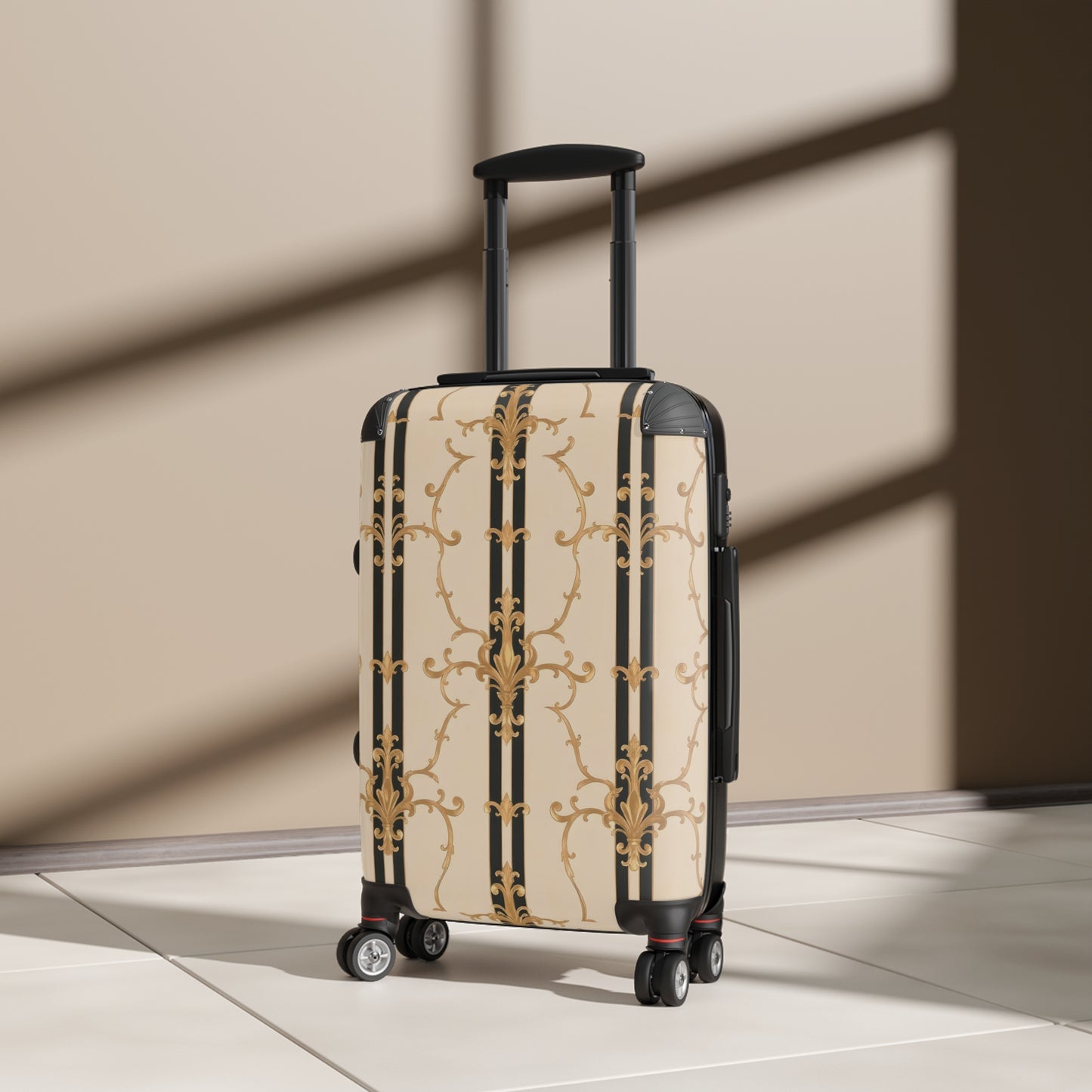 Elegant Travel Suitcase - Stylish Luggage for Adventurers, Travel Enthusiasts, Fashion Design Lovers - Black & Beige Striped Damask
