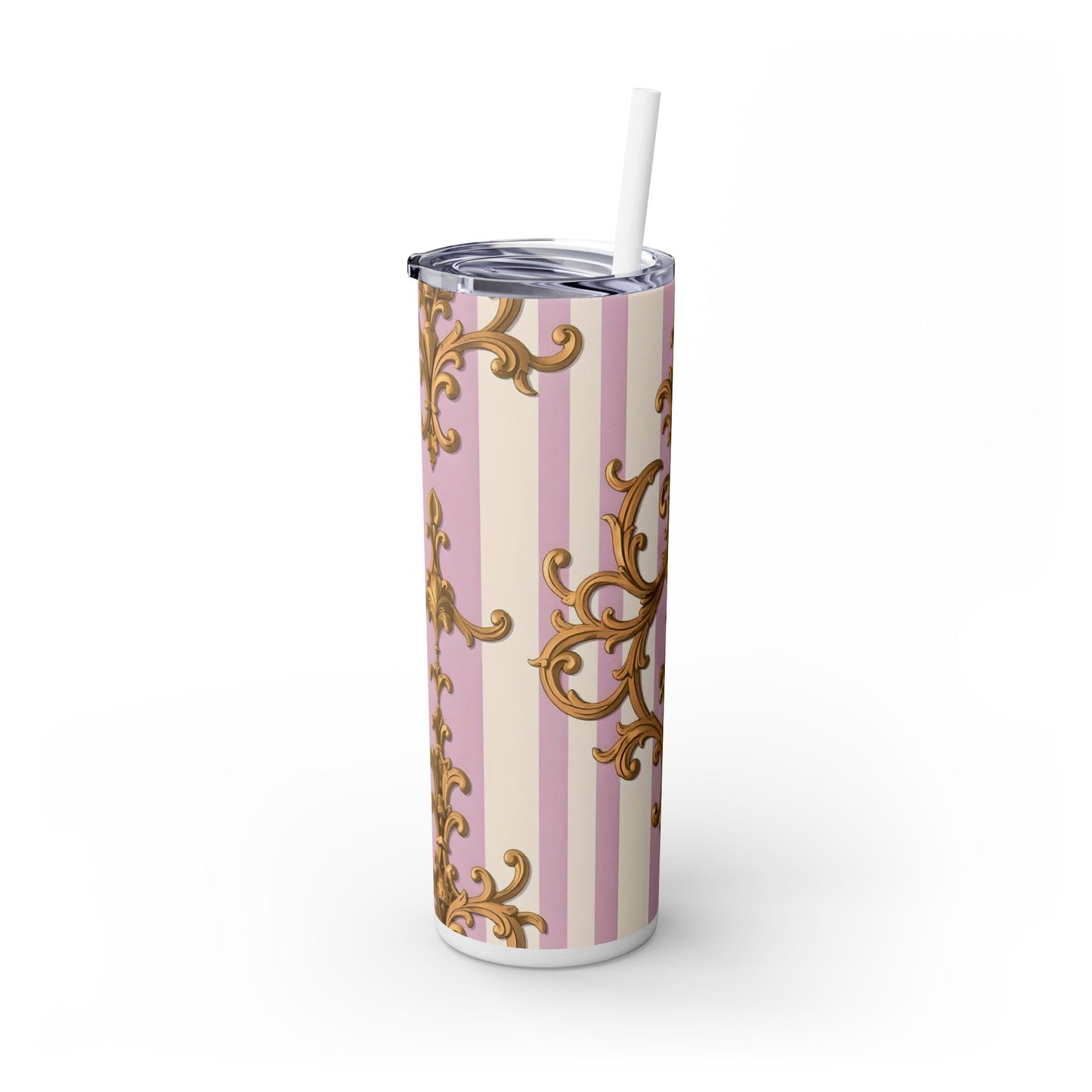 Elegant Pink Tumbler, Gold Patterned Travel Cup, Insulated Drink Holder, Stylish Coffee Tumbler - Lilac & Alabaster Striped Gold Baroque