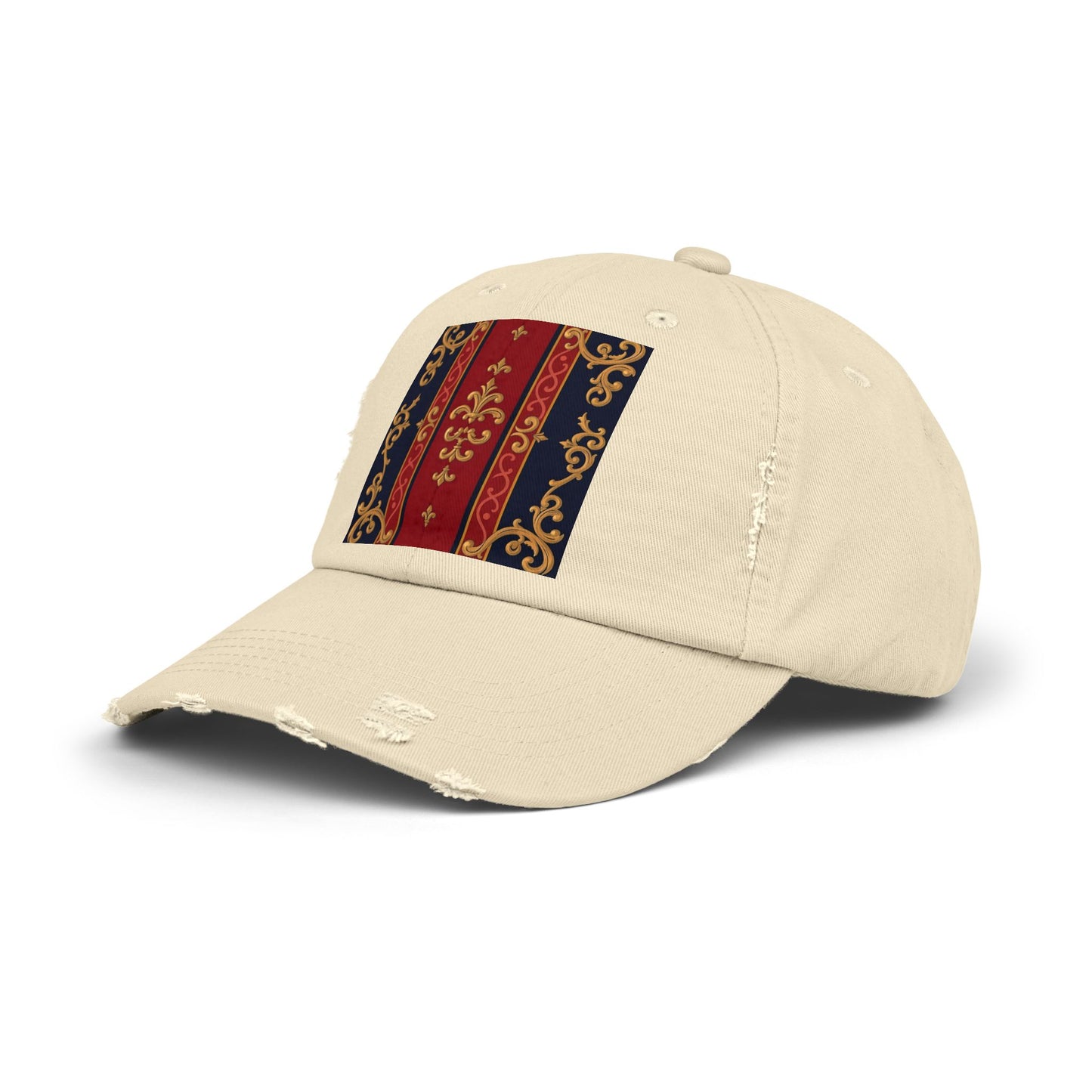 Vintage-Inspired Distressed Cap, Stylish Hat, Perfect Gift for Friends, Fashion Accessory, Unisex Headwear - Midnight Blue & Dusk Red Gold Baroque