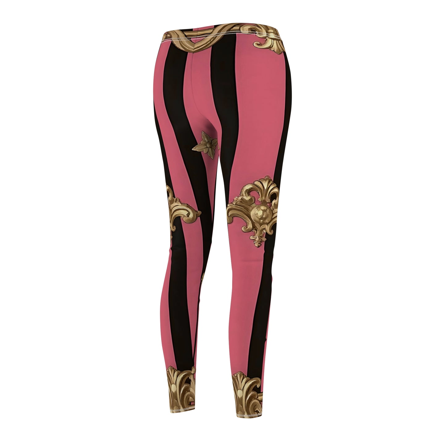 Trendy Women's Casual Leggings, Stylish Activewear, Fashion Leggings, Unique Print Yoga Pants, Gift for Her - Pink Striped Gold Rococo