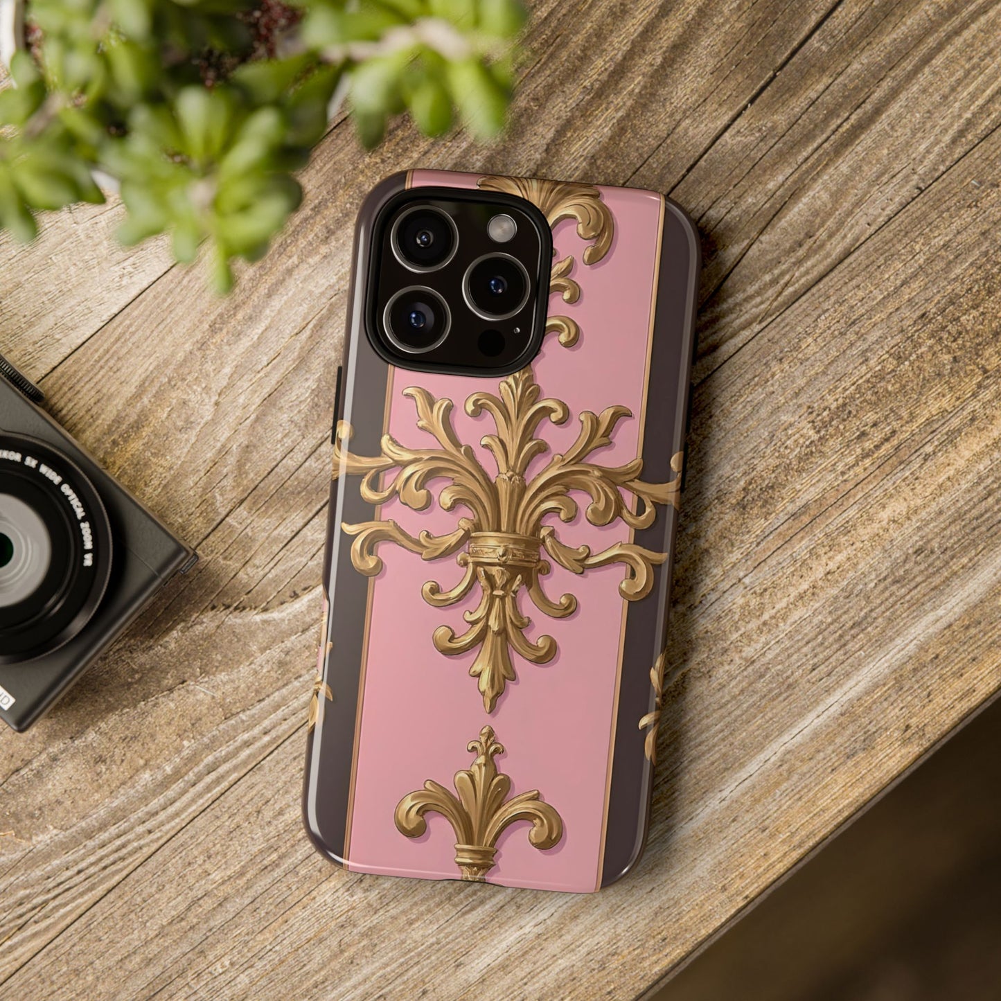 Elegant Floral Motif Phone Case - Tough Cases with Vintage Design - Pink & Brown Striped Gold Damask