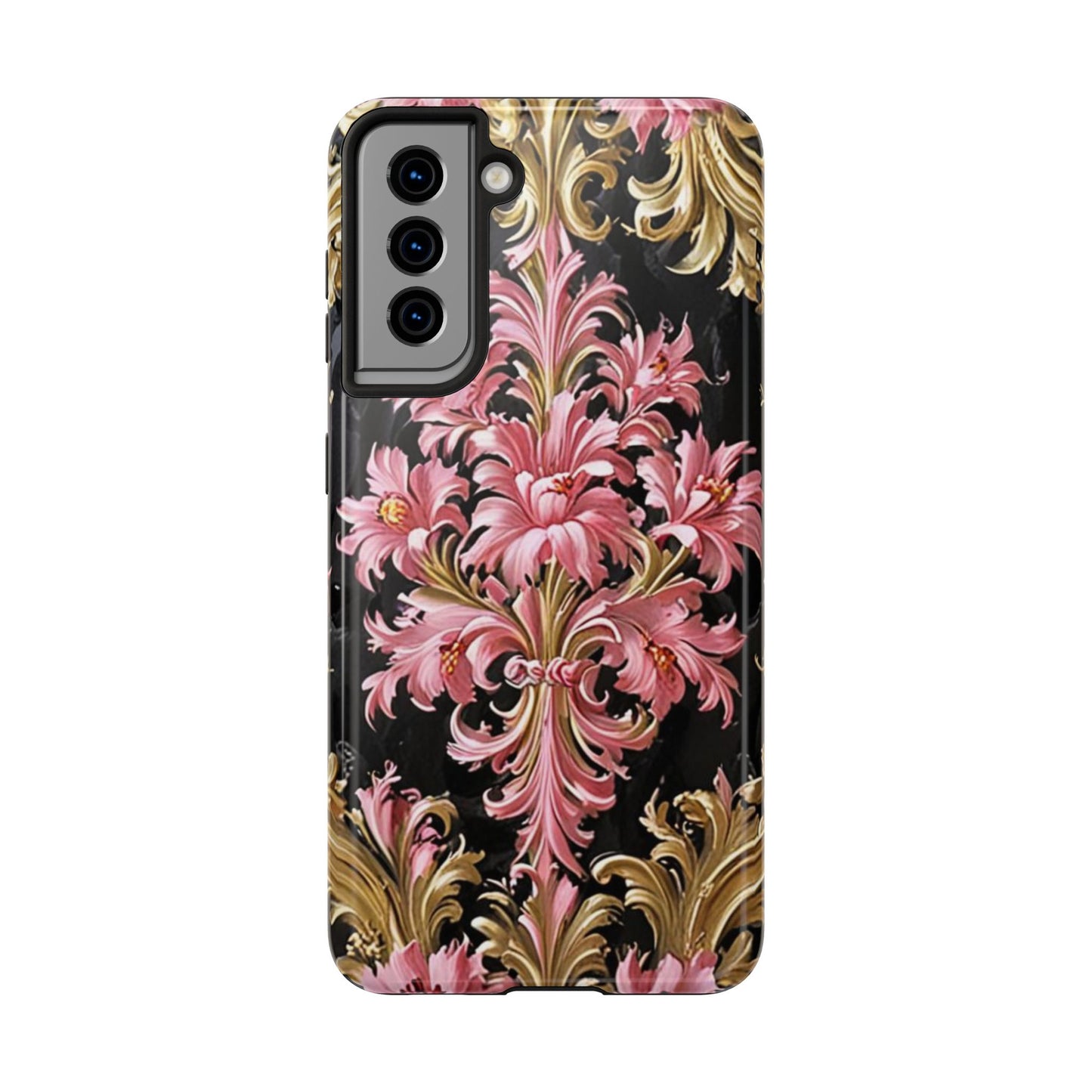 Elegant Floral Tough Phone Cases | Stylish Protection for Her | Gift for Birthdays - Black & Pink Oil Painting Style Rococo