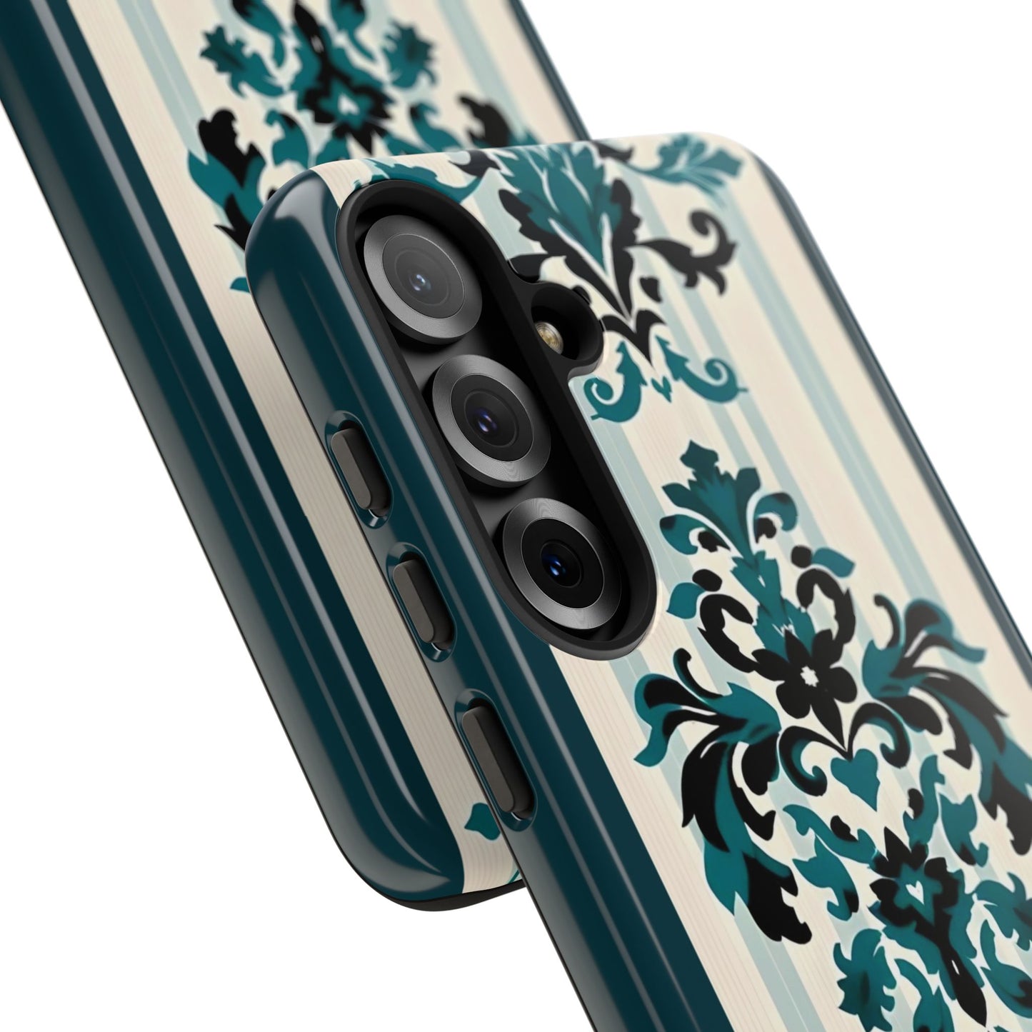 Elegant Floral Phone Case - Tough Cases with Vintage Design - Teal Striped Damask