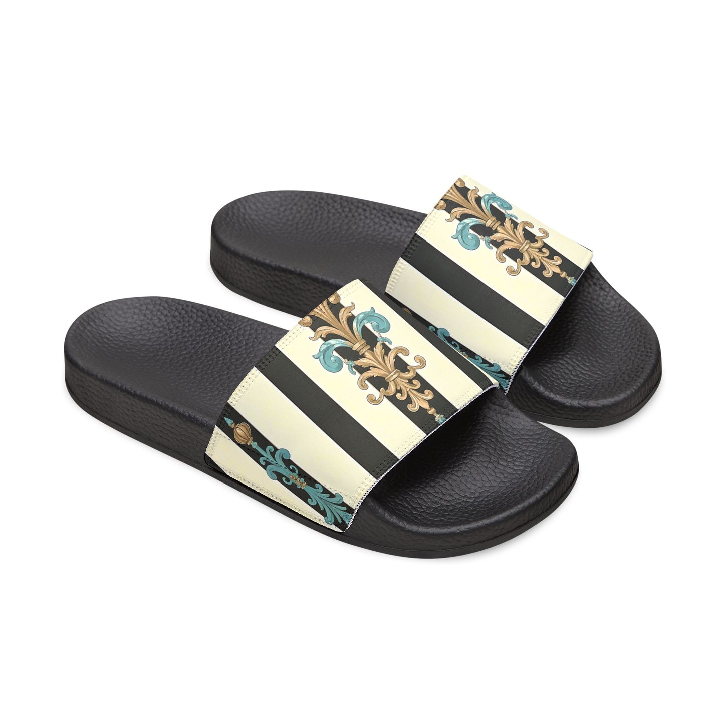 Stylish Removable-Strap Sandals for Women | Comfortable Slip-Ons, Casual Beach Footwear - Black Striped Turquoise & Black Rococo