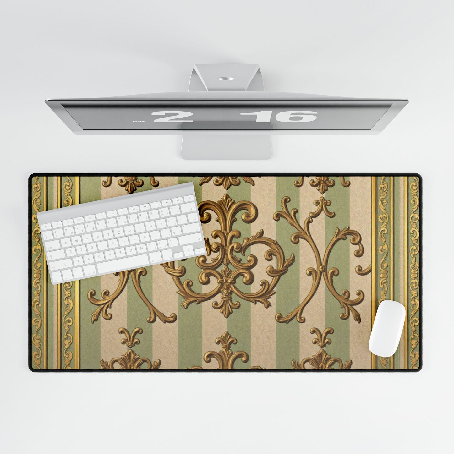 Elegant Vintage Desk Mat, Luxurious Desk Pad for Home Office, Stylish Keyboard Mat, Computer Mouse Pad - Mint Green & Beige Striped Gold Baroque