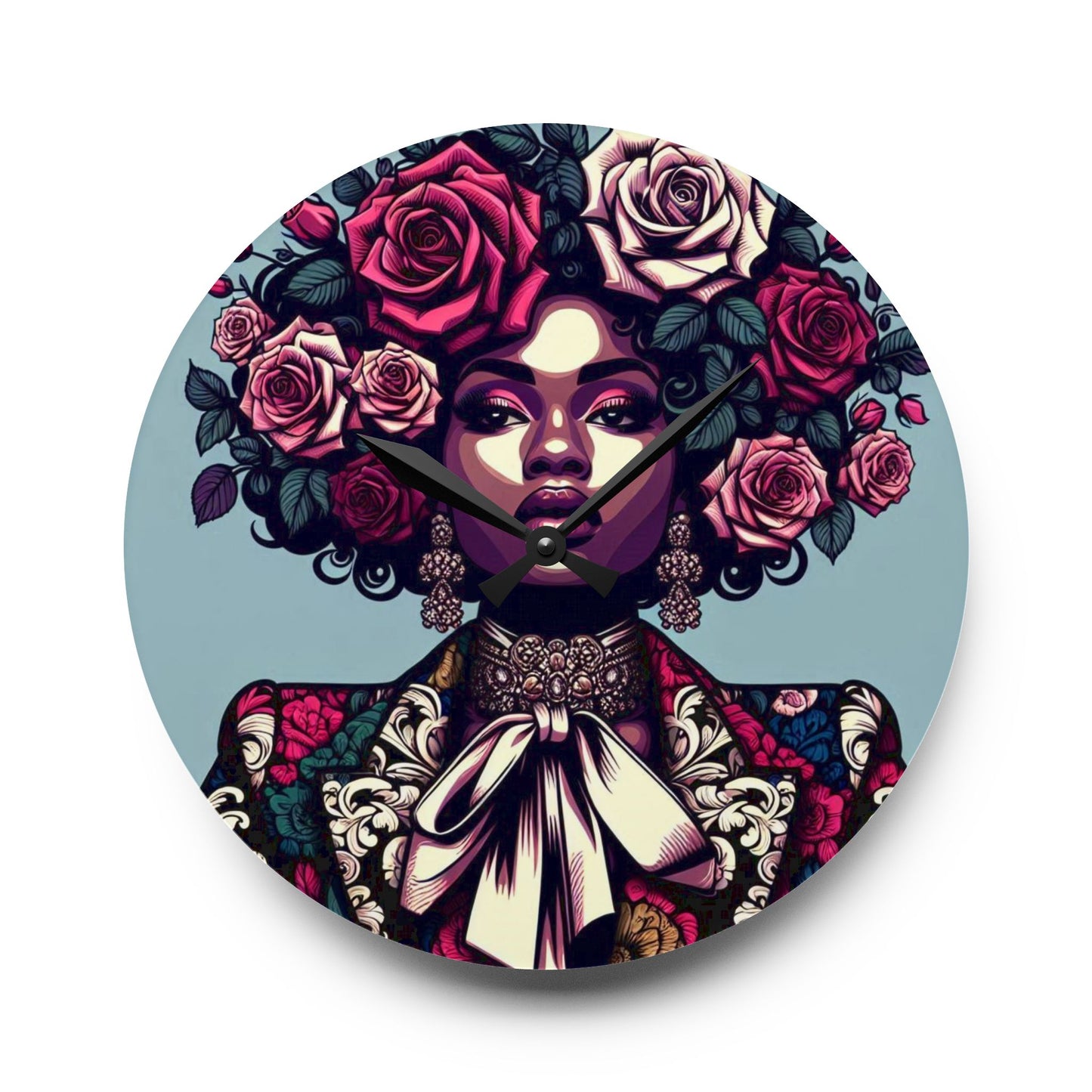 Bohemian Afro-Inspired Acrylic Wall Clock with Floral Design - Lady In Damask Suit & Roses Design