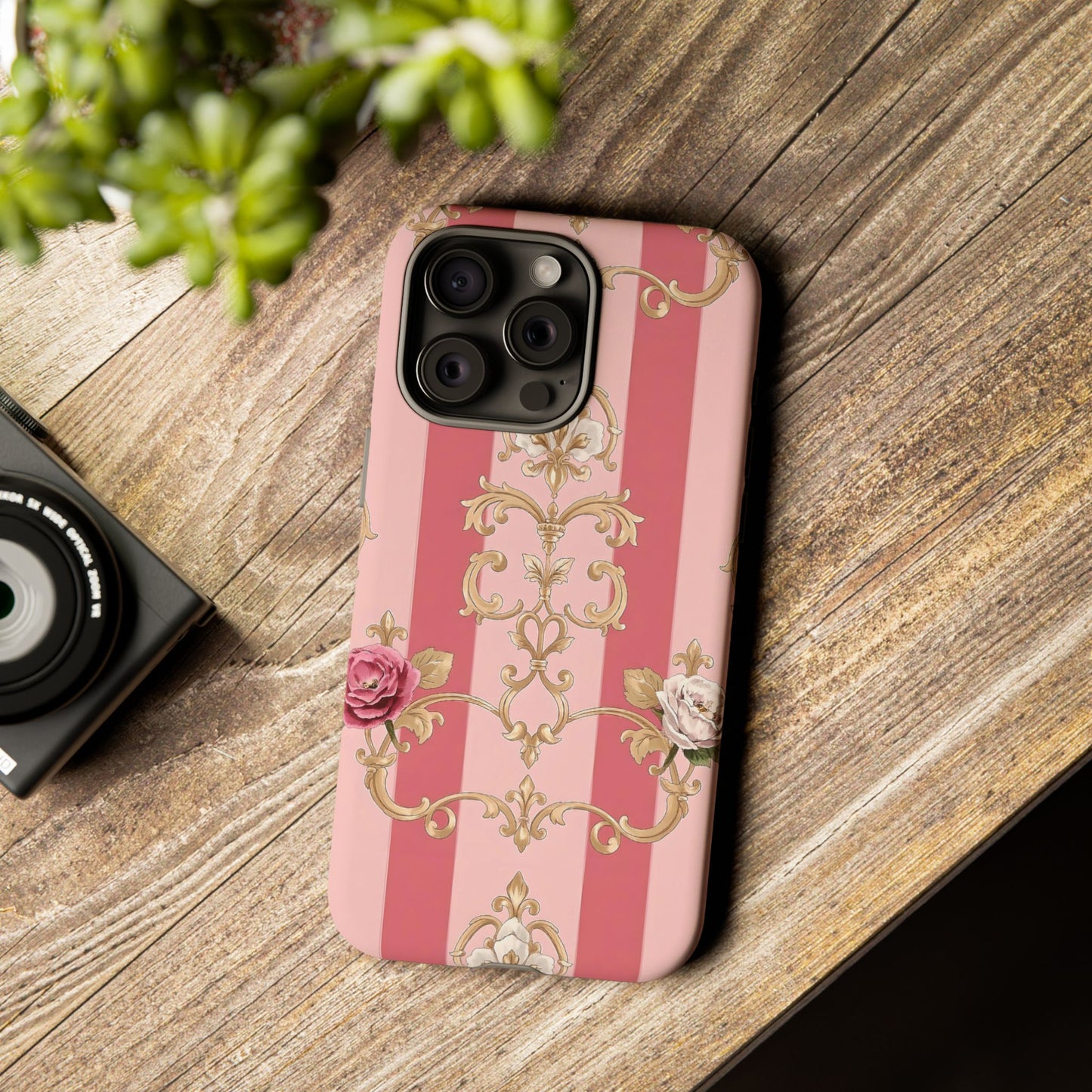 Elegant Floral Motif Phone Case - Tough Cases with Vintage Design - Pink Striped Roses & Damask