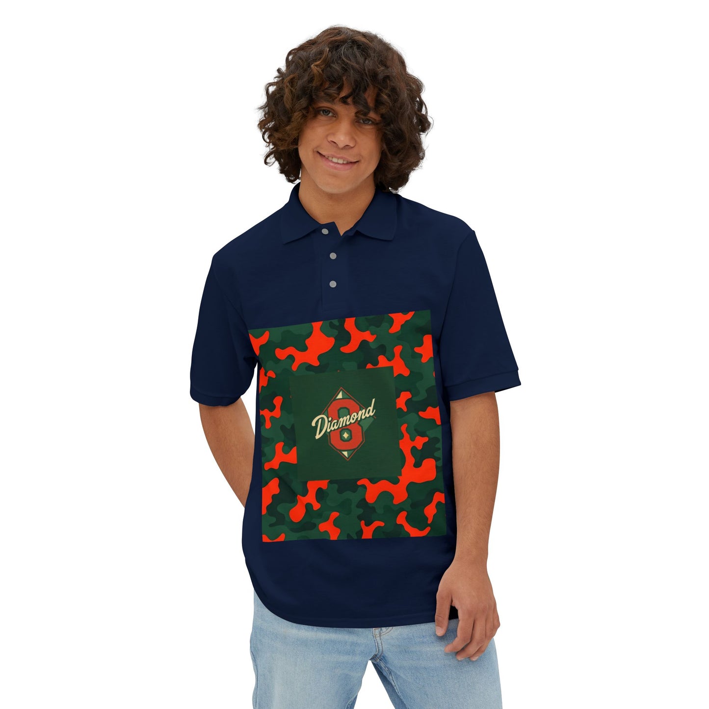 Stylish Men's Piqué Polo with Unique Diamond Camo Design - Casual Wear, Gifts for Him, Father's Day - Green & Orange Camo Diamond 8
