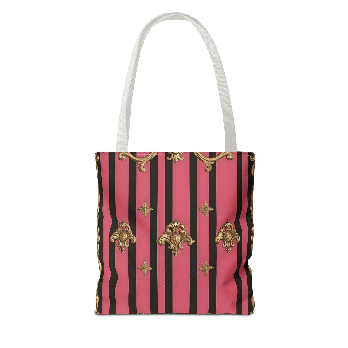 Chic Floral Tote Bag - Elegant Reusable Shopping Bag, Fashion Accessory, Gift for Her, Everyday Use, Eco-Friendly - Pink Striped Gold Rococo