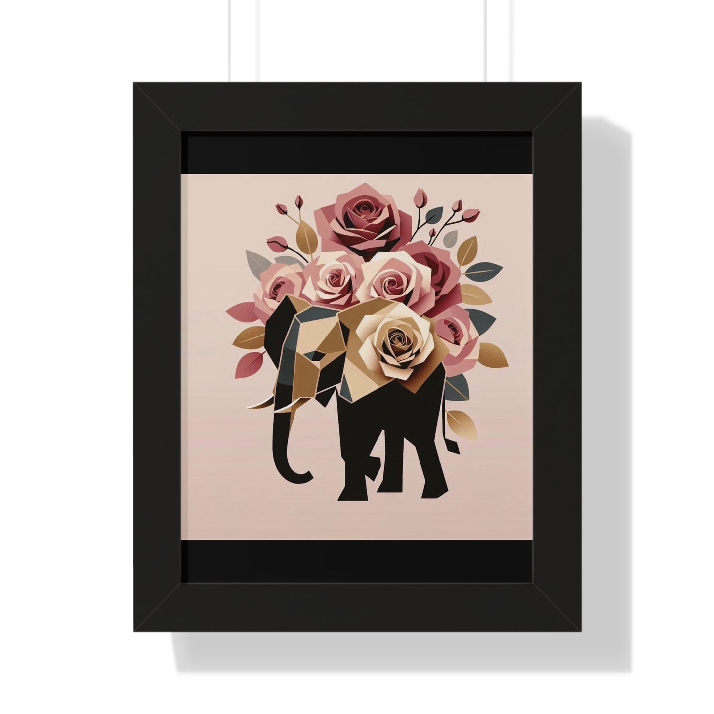 Vertical Poster - Black & Gold Elephant & Roses Wall Art