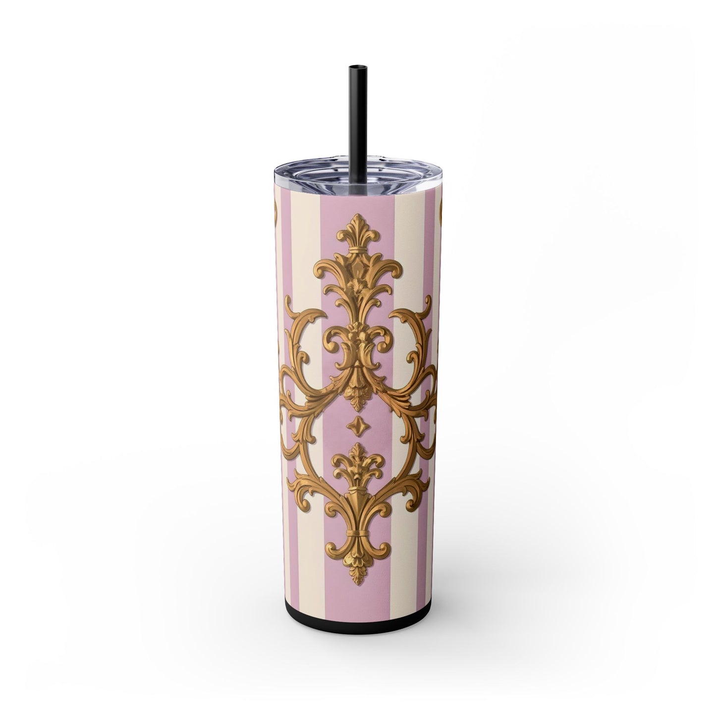 Elegant Pink Tumbler, Gold Patterned Travel Cup, Insulated Drink Holder, Stylish Coffee Tumbler - Lilac & Alabaster Striped Gold Baroque